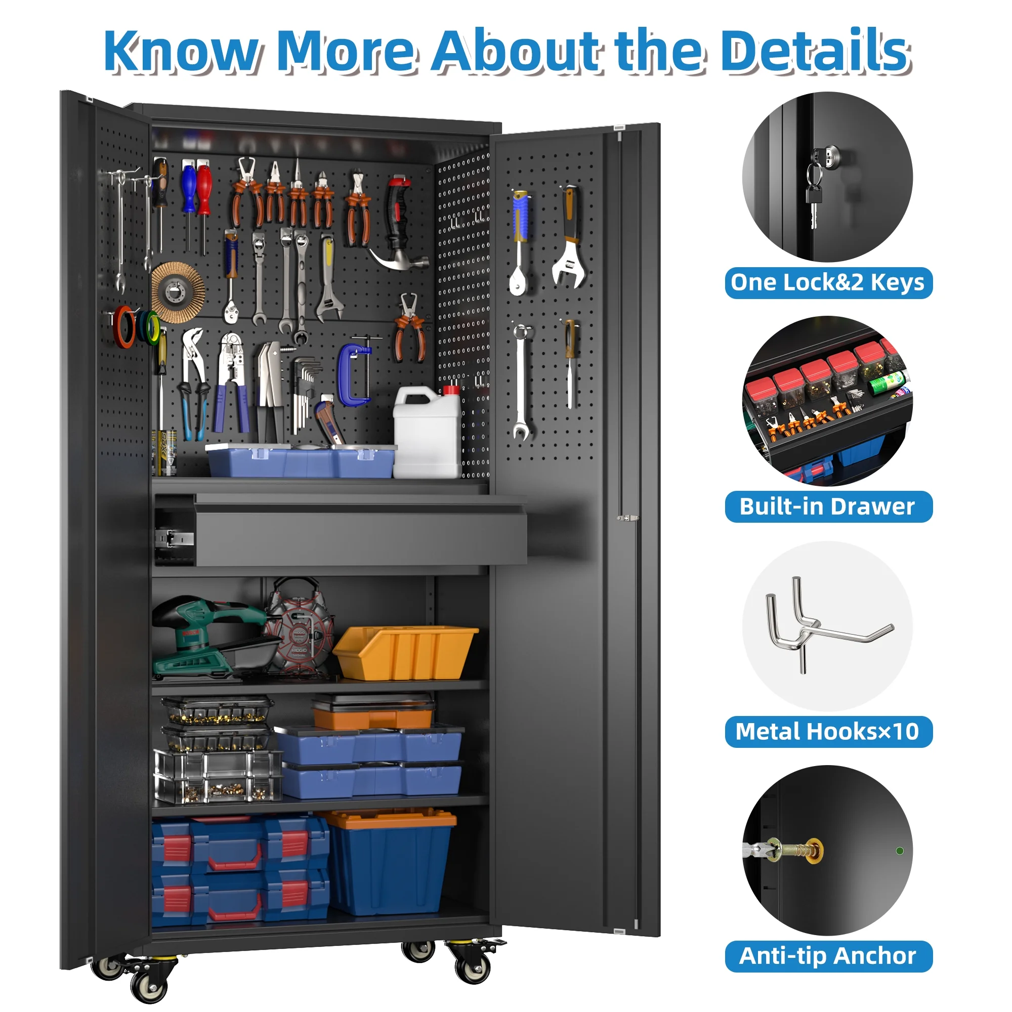 Gaeanet Rolling Tool Storage Cabinet with 5 Adjustable Shelves and Pegboard,Metal Garage Storage Cabinet with Wheels for Garage Home Office Utility Room,71" H-32" W-16" D,Required Assembly, Black - Image 115