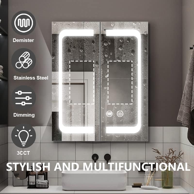 24 Inch x 28 Inch Illuminated LED Mirror Cabinet for Bathroom, Stainless Steel Wall Mounted Medicine Cabinet with Double Touch Switches for Color Change, Dimmer & Anti-Fog Function - Image 7