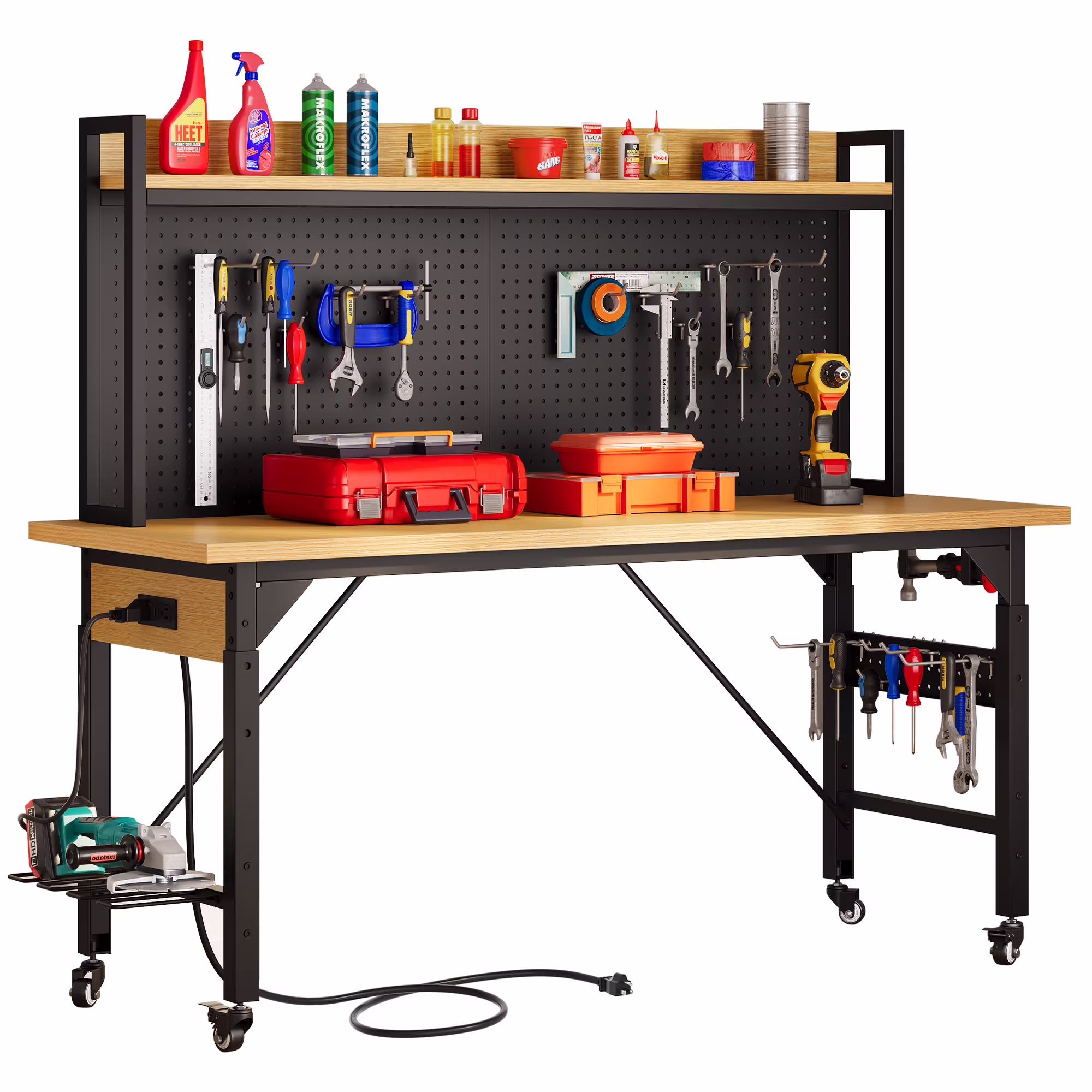 DEXTRUS Multifunctional Workbench with Wheels, 59.1" x 23.6" with Pegboard Worktable w/ Power Outlets, A3 Steel Work Bench For Garage max. Heavy Duty Workbench 2000lbs Weight Capacity