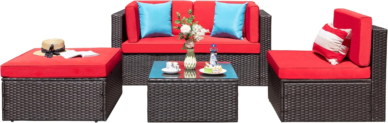 5-Piece All-Weather Patio Furniture Set with Ottoman, Outdoor Wicker Conversation Sofa Set with Cushions for Garden, Deck & Backyard - Image 65