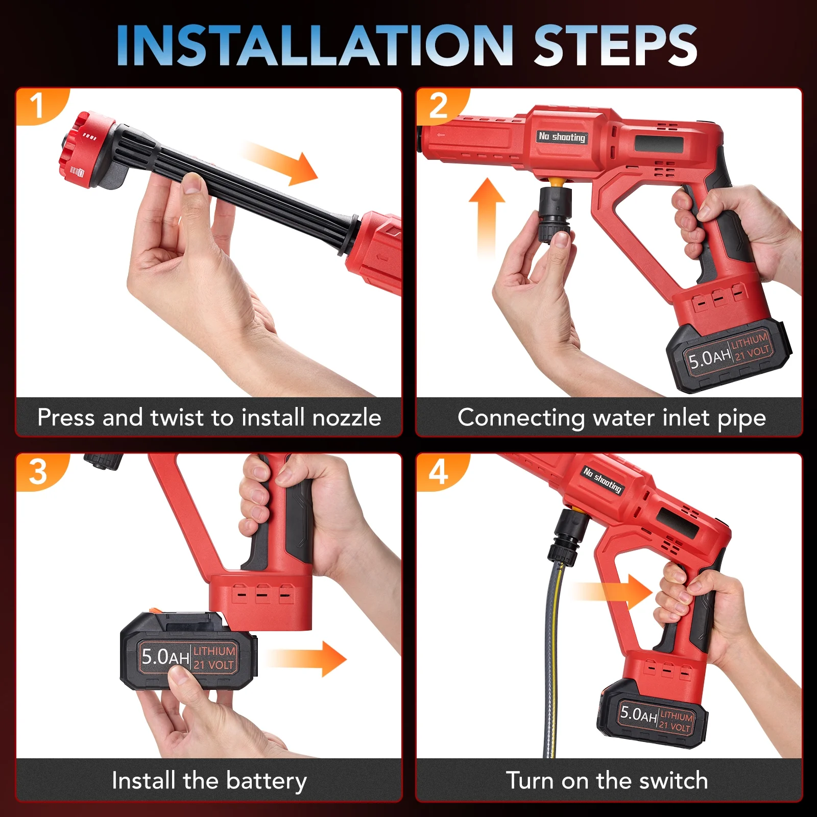 Filluck 1060PSI Cordless Pressure Washer, Portable Handheld High-Pressure Car Washer with 5.0Ah Long-Lasting Battery, 3-Speed Adjustable, 2.8GPM, 6-in-1 Nozzle for Car Cleaning/Garden/Floor - Image 7