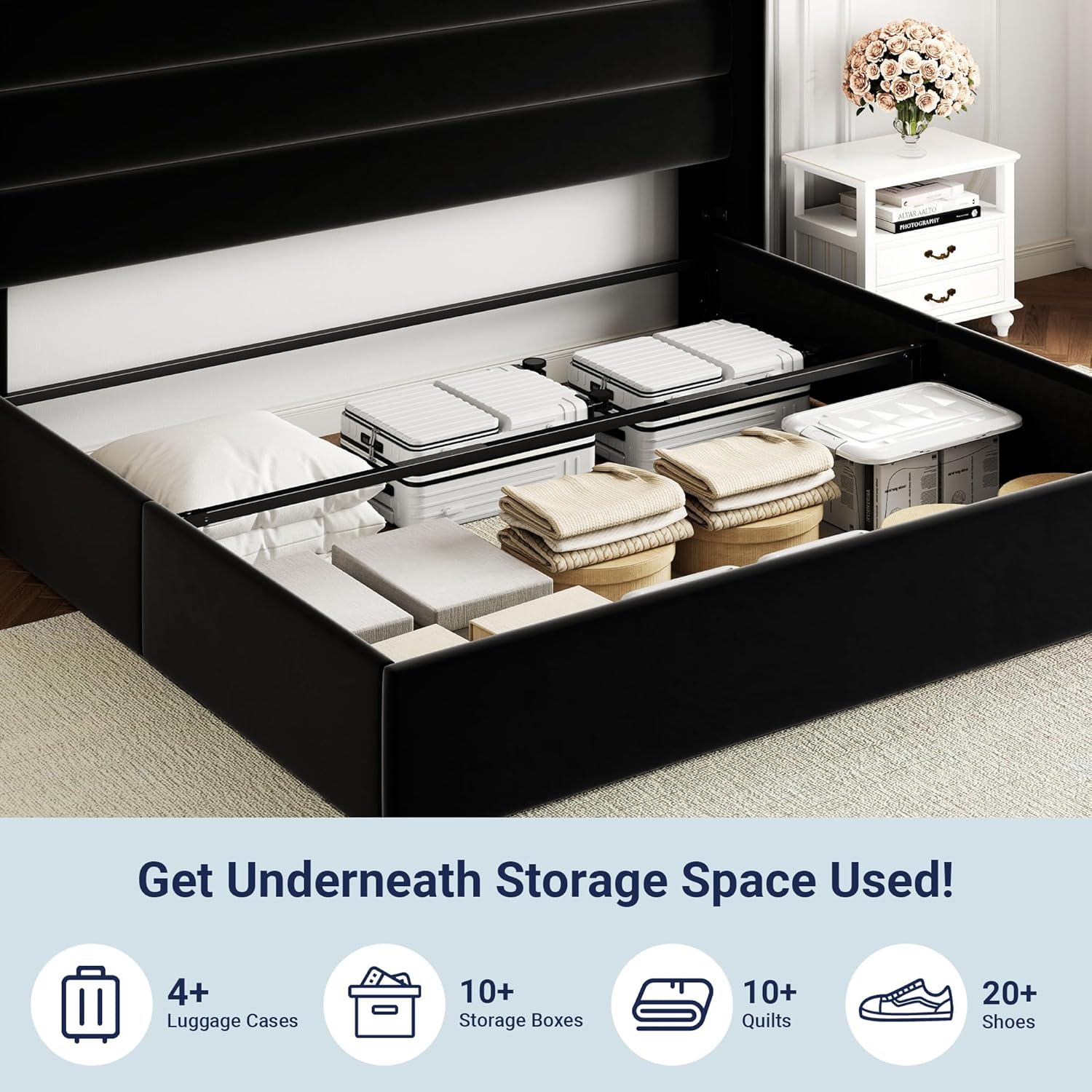 Queen Size Lift Up Storage Bed with Wingback Headboard, Upholstered Platform Bed Frame with Hidden Storage - Image 141
