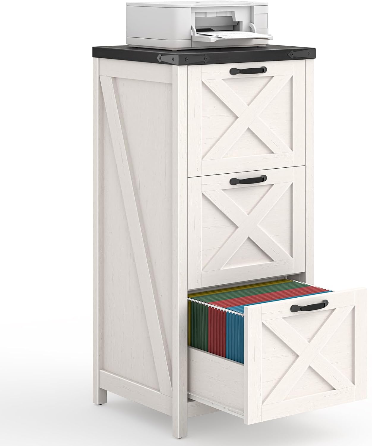 3 Drawers Tall Farmhouse File Cabinet with Wheels, Rustic White - Image 10