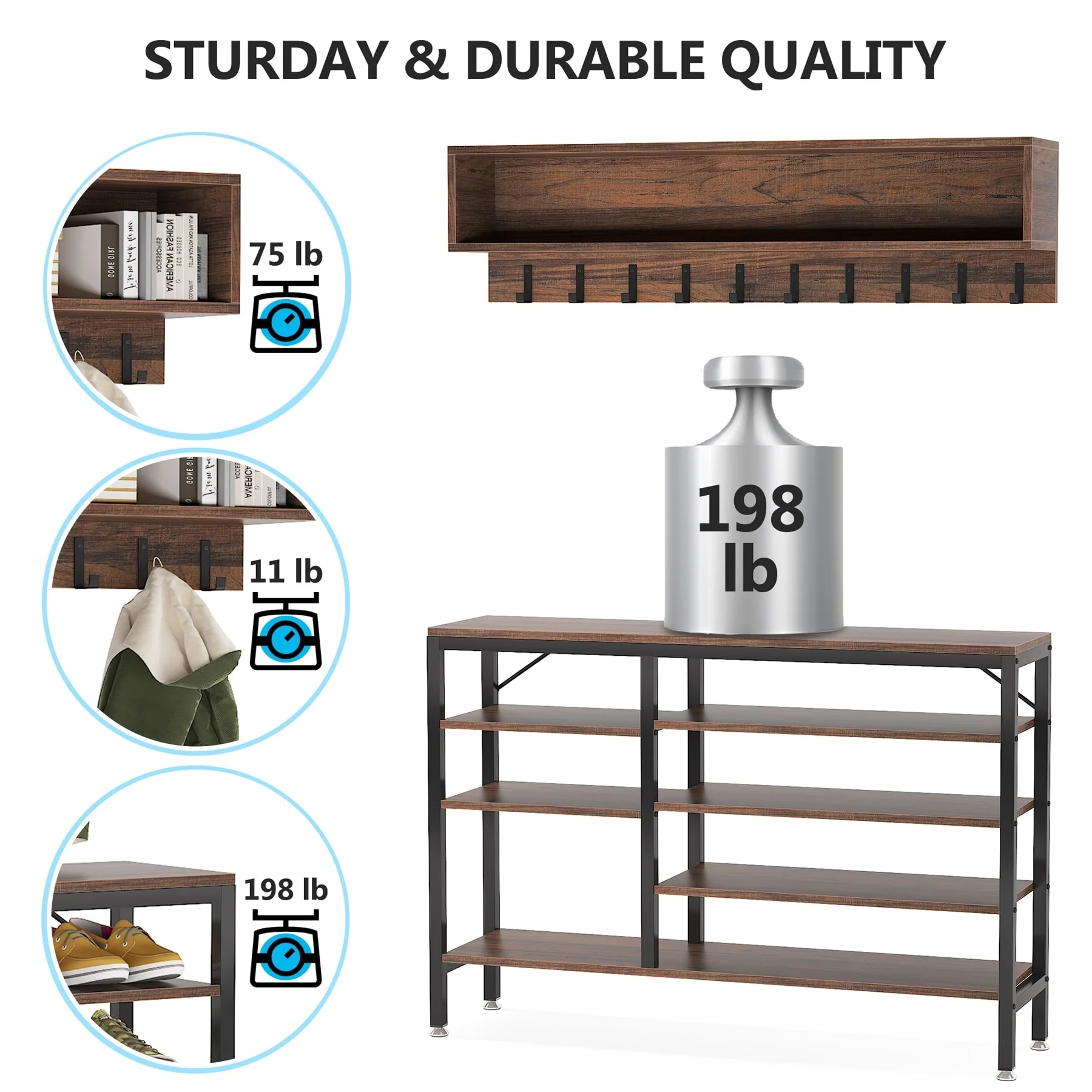 Entryway Coat Rack and Shoe Bench Set, Industrial Hall Tree with Coat and Shoe Storage - Image 33