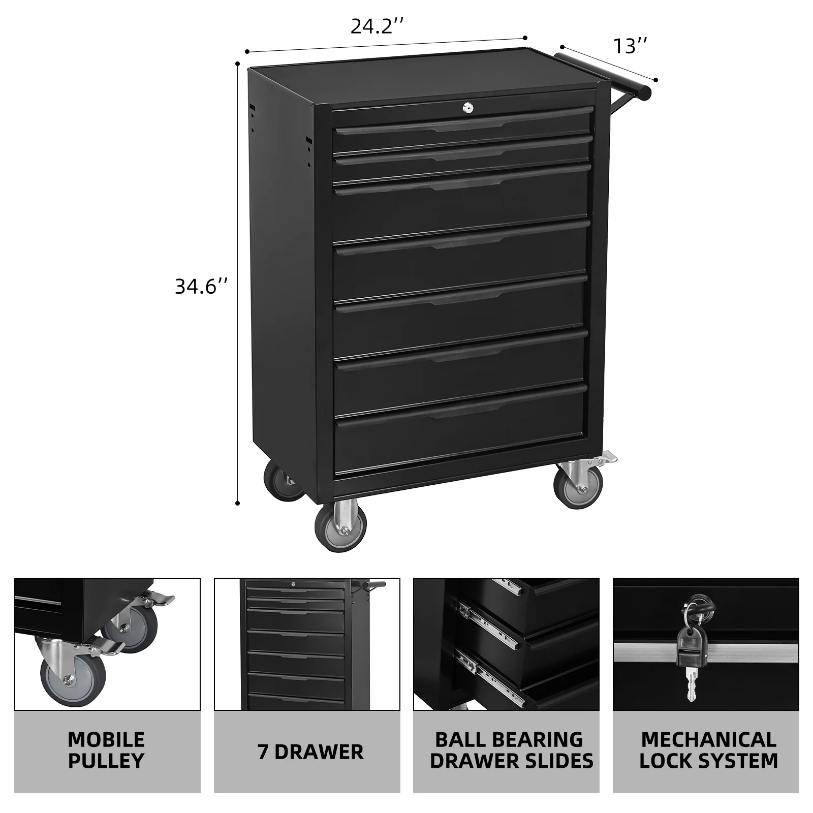 7-Drawer Rolling Tool Chest Cabinet, Large Capacity Metal Tool Box with Wheels and Cylinder Locking, Roll Around Storage Organizer Tool Cart for Garage, Warehouse, Work Shop - Black - Image 2