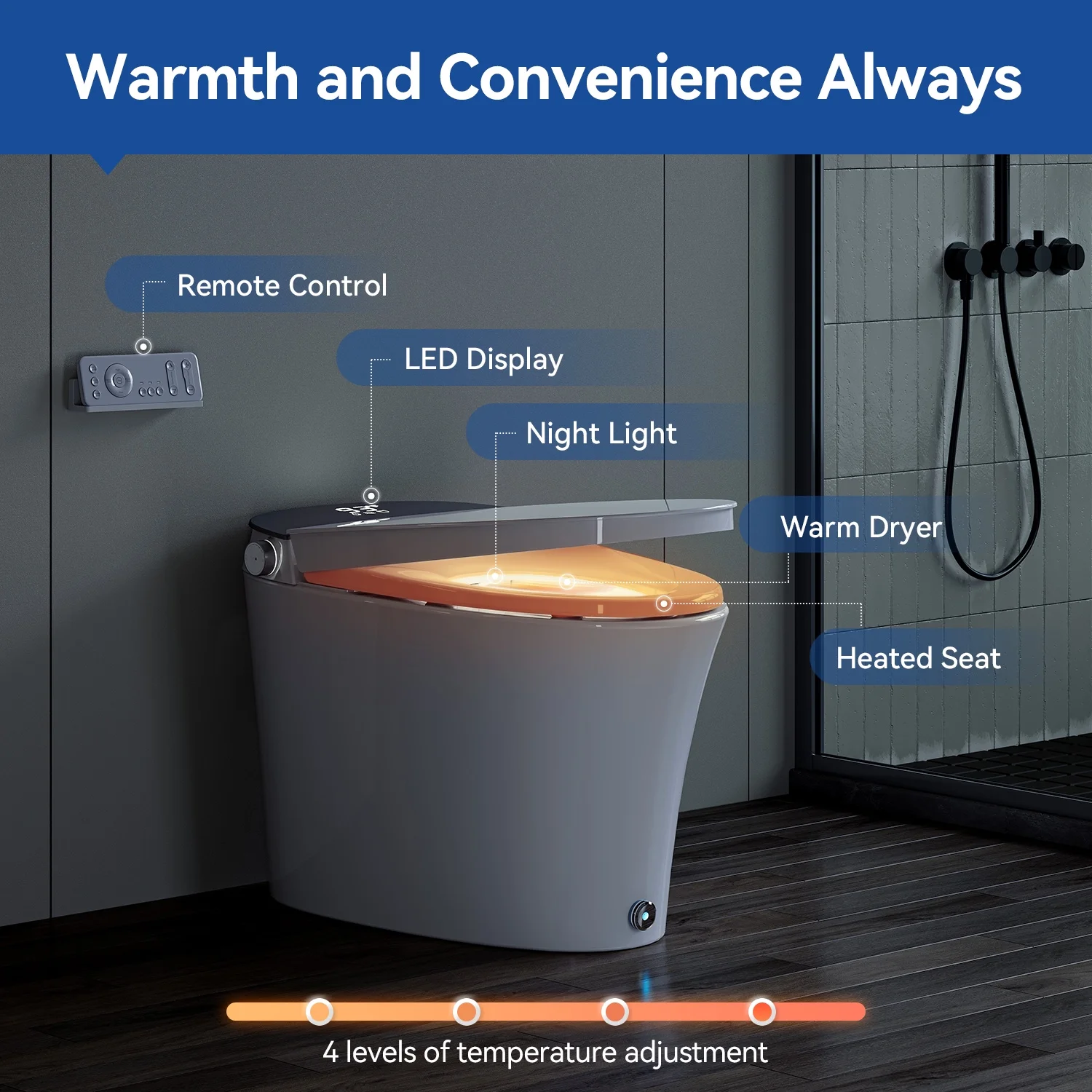 HOROW Smart Bidet Toilet Adjustable Cleaning , Heated Seat, No Water Pressure Limit, Auto Open/Close - Image 9