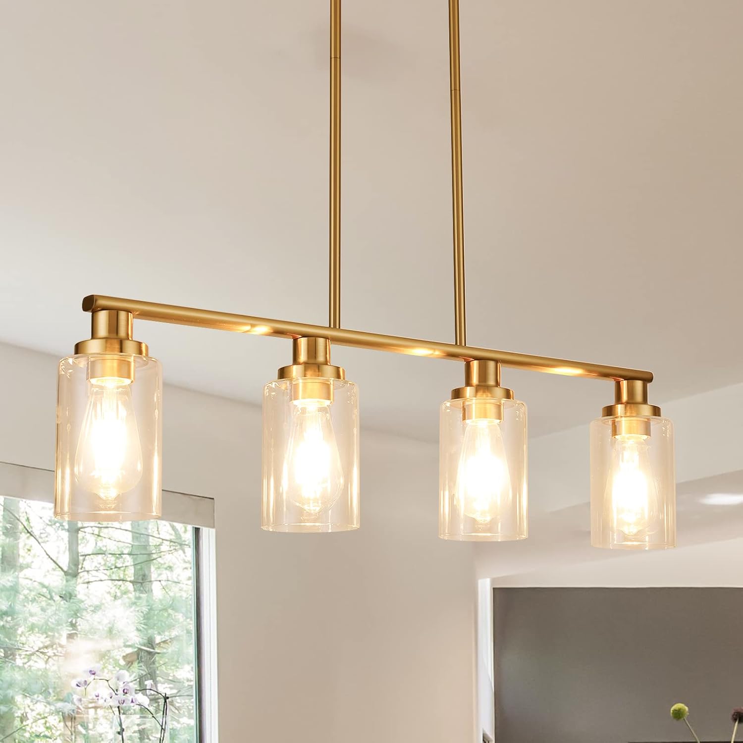 Kitchen Island Lighting, 4-Light Dining Room Light Fixtures Over Table,Gold Linear Chandelier for Dining Room Hanging,Pendant Lights Kitchen Island with Clear Glass Shade - Image 5