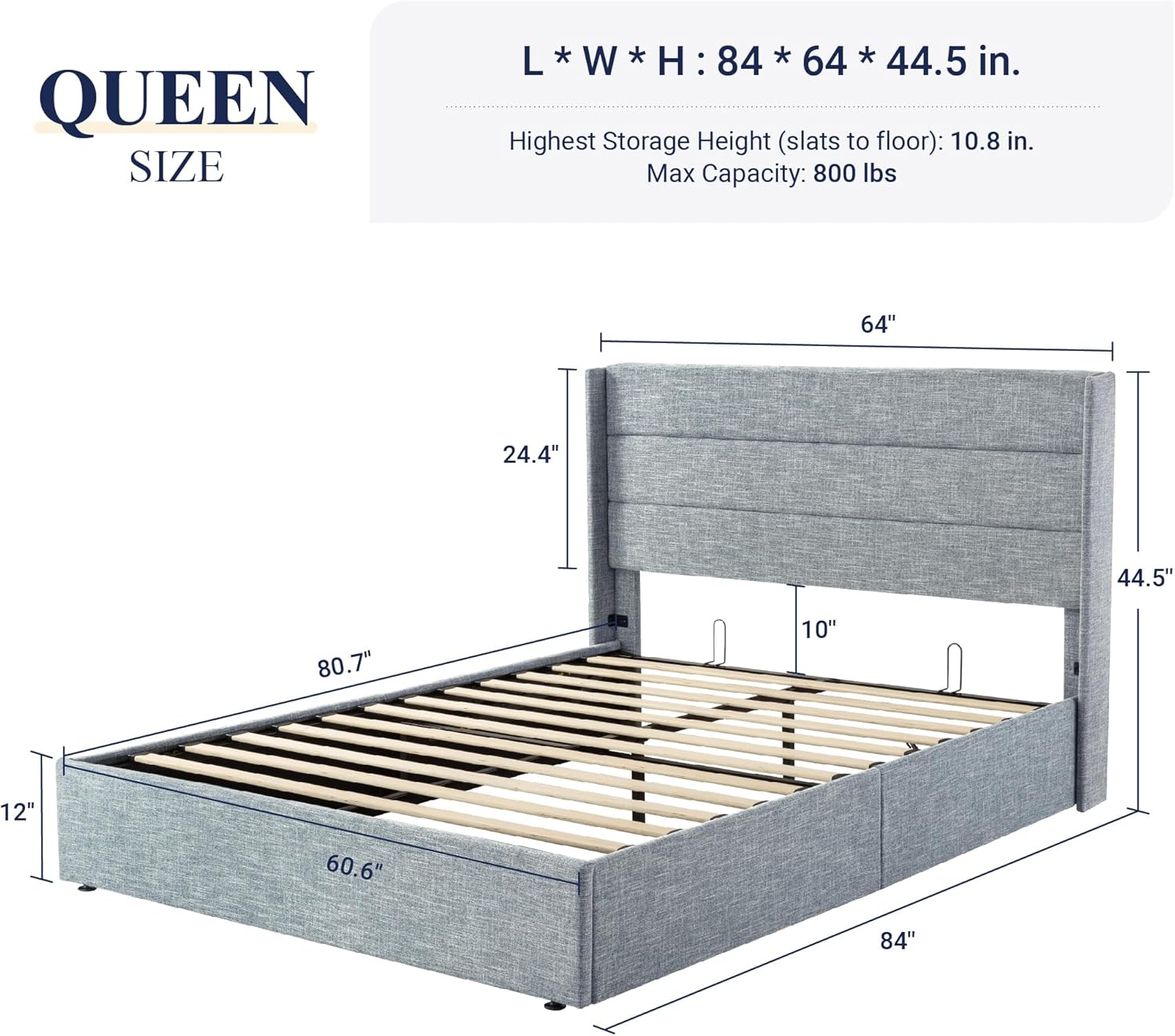 Queen Size Lift Up Storage Bed with Wingback Headboard, Upholstered Platform Bed Frame with Hidden Storage - Image 170