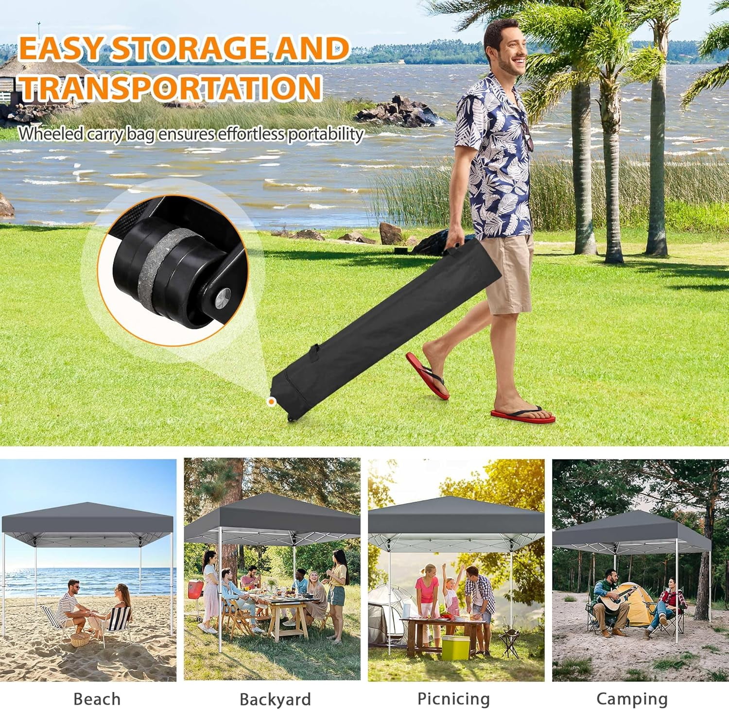 10 X 10ft Pop Up Canopy Tent Easy Set up Outdoor Instant Straight Legs Portable Gazebo Shelter with Wheeled Bag for Camp Beach Patio and Garden (Grey) - Image 7