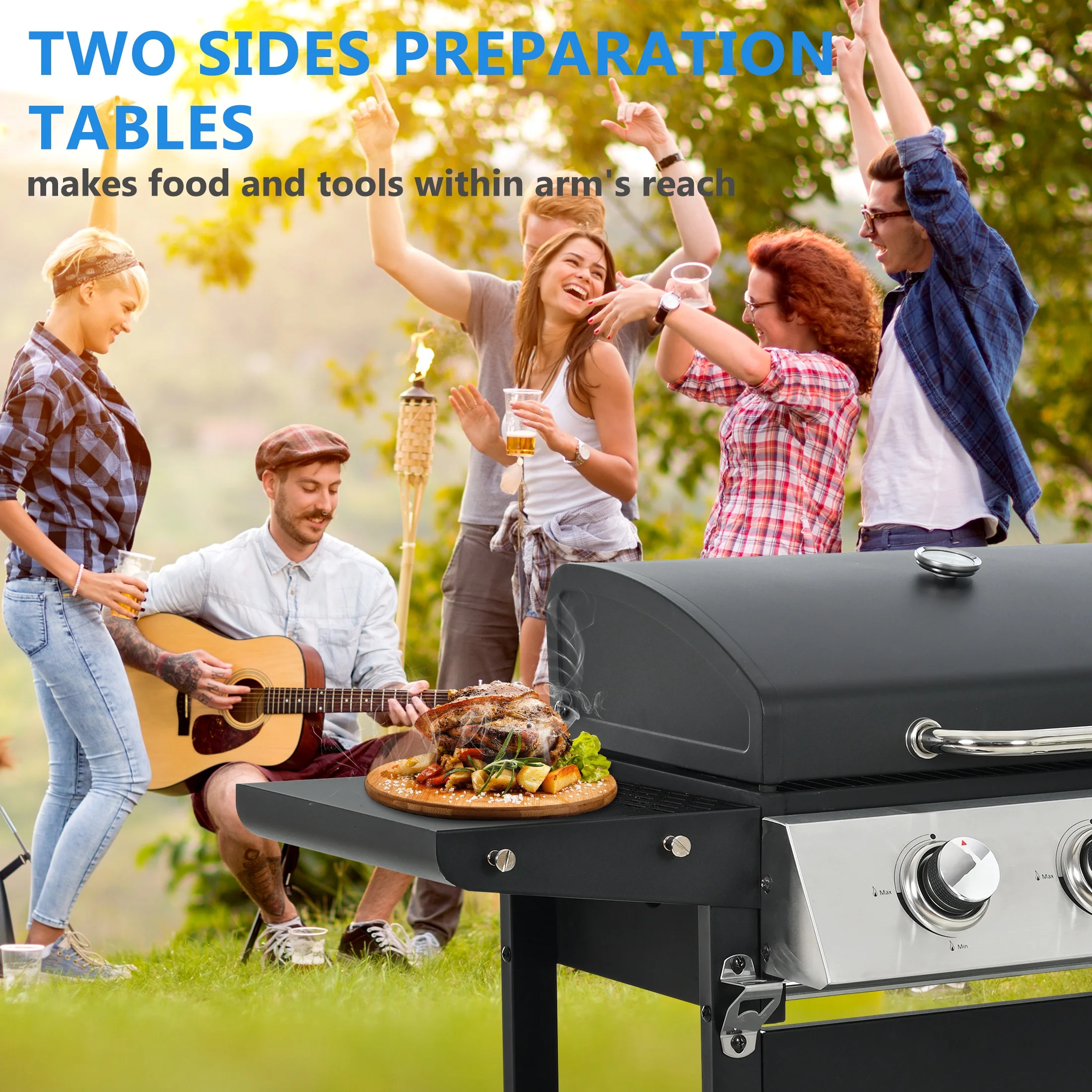 Segmart 3 Burner BBQ Propane Gas Grill, Stainless Steel 30,000 BTU Patio Garden Barbecue Grill with Folding Side Tables, Hanging Basket & Thermometer, Perfect for Camping, Outdoor Cooking - Image 15