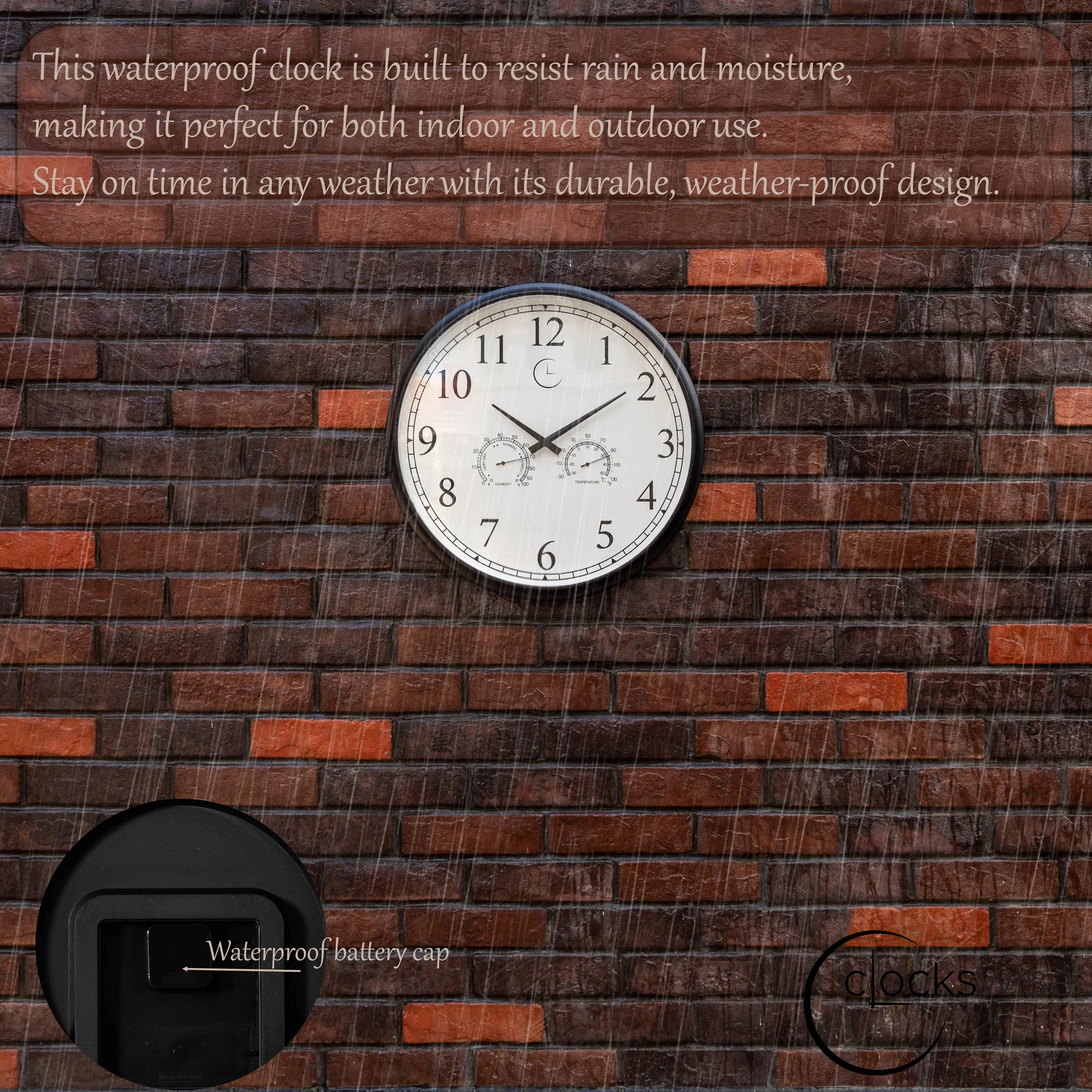 Large Outdoor Wall Clock with Thermometer, Waterproof Silent Garden Weather Station, Black - Image 14