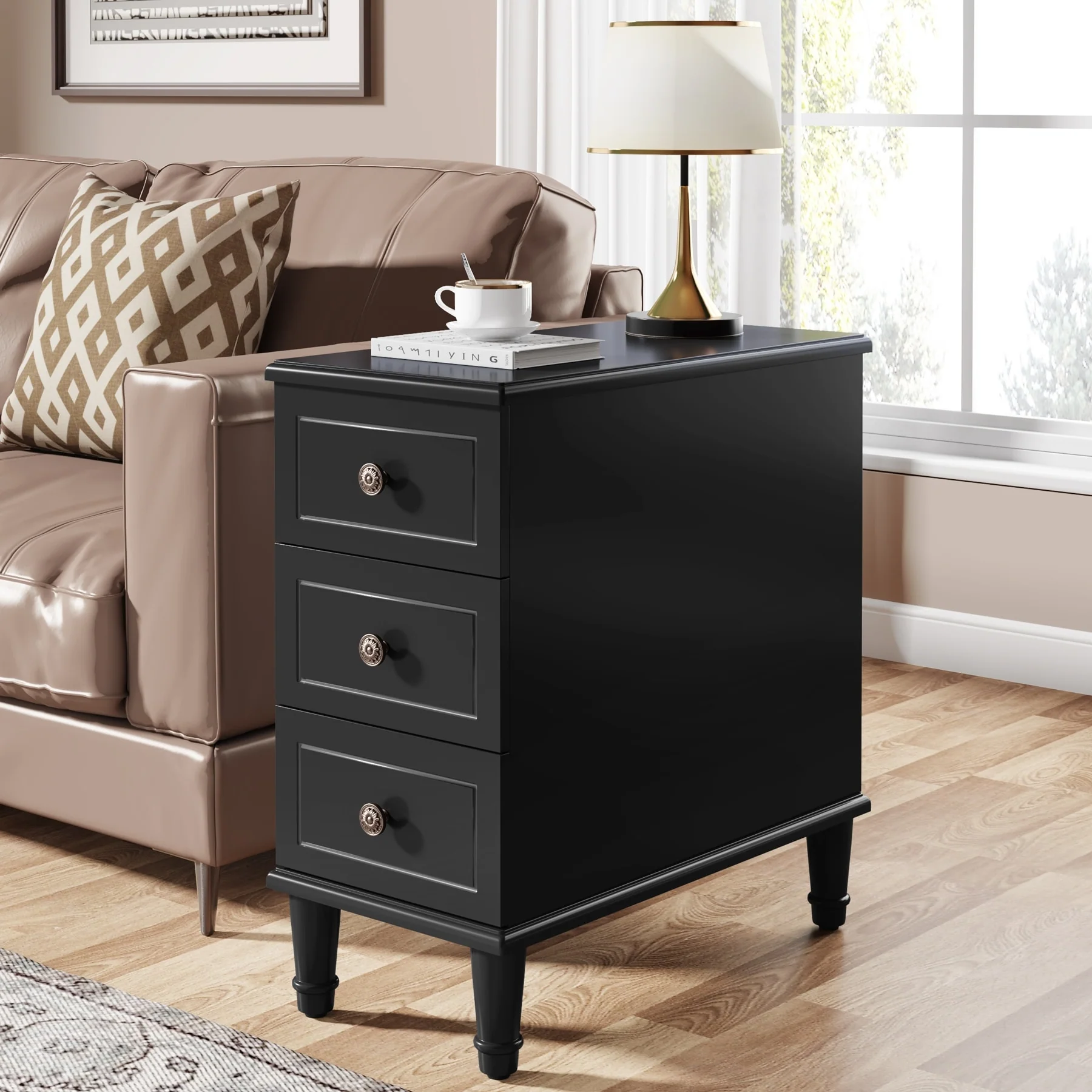 Fully Assembled Narrow End Table, Solid Wood Side Table with 3 Drawers, Vintage Nightstand for Small Spaces - Image 23