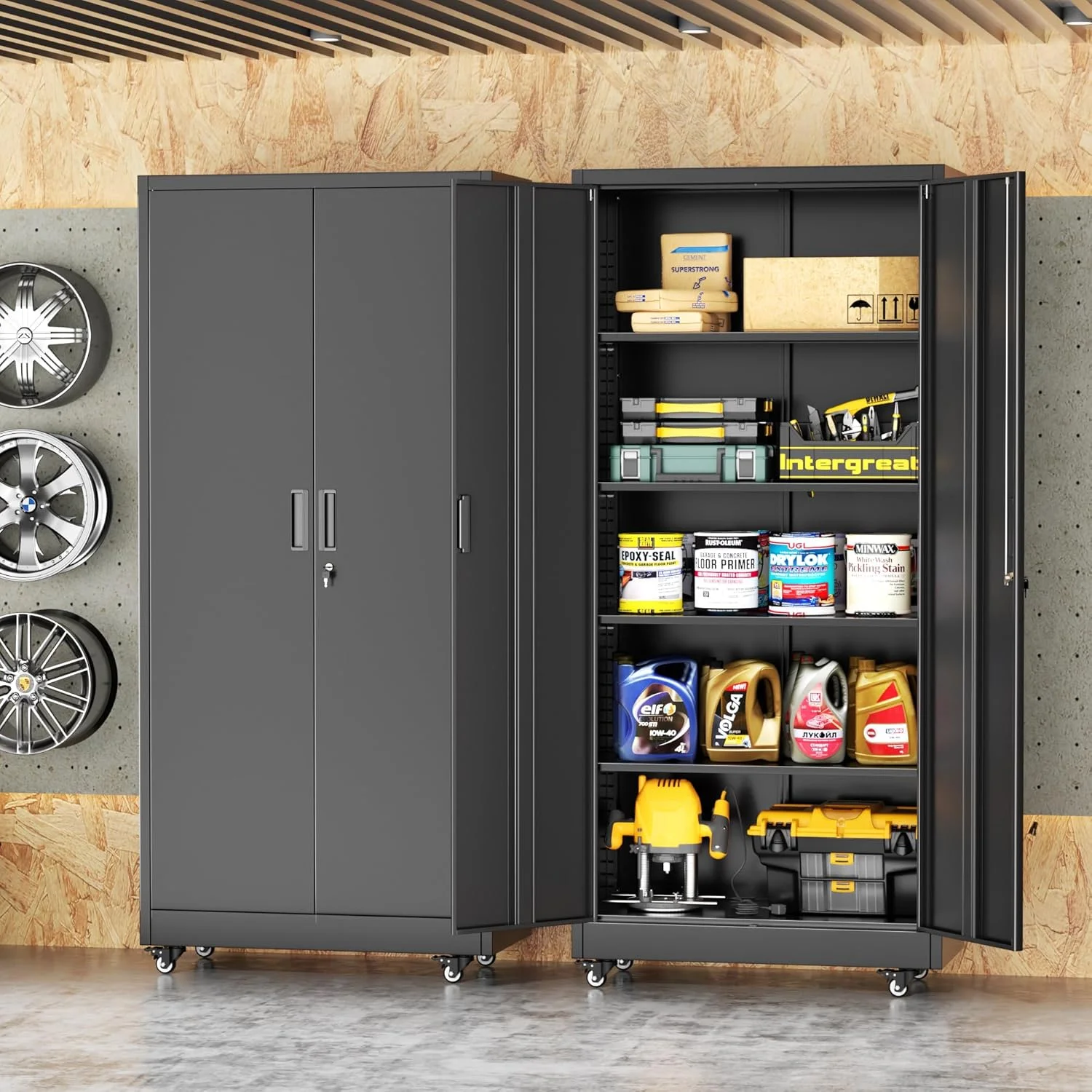 SOLAURA 73 in Metal Storage Cabinet with Wheels, Garage Rolling Cabinet with Locking Doors and 4 Adjustable Shelves, Lockable Tool Storage Cabinets for Garage, Home, Office(Black) - Image 2