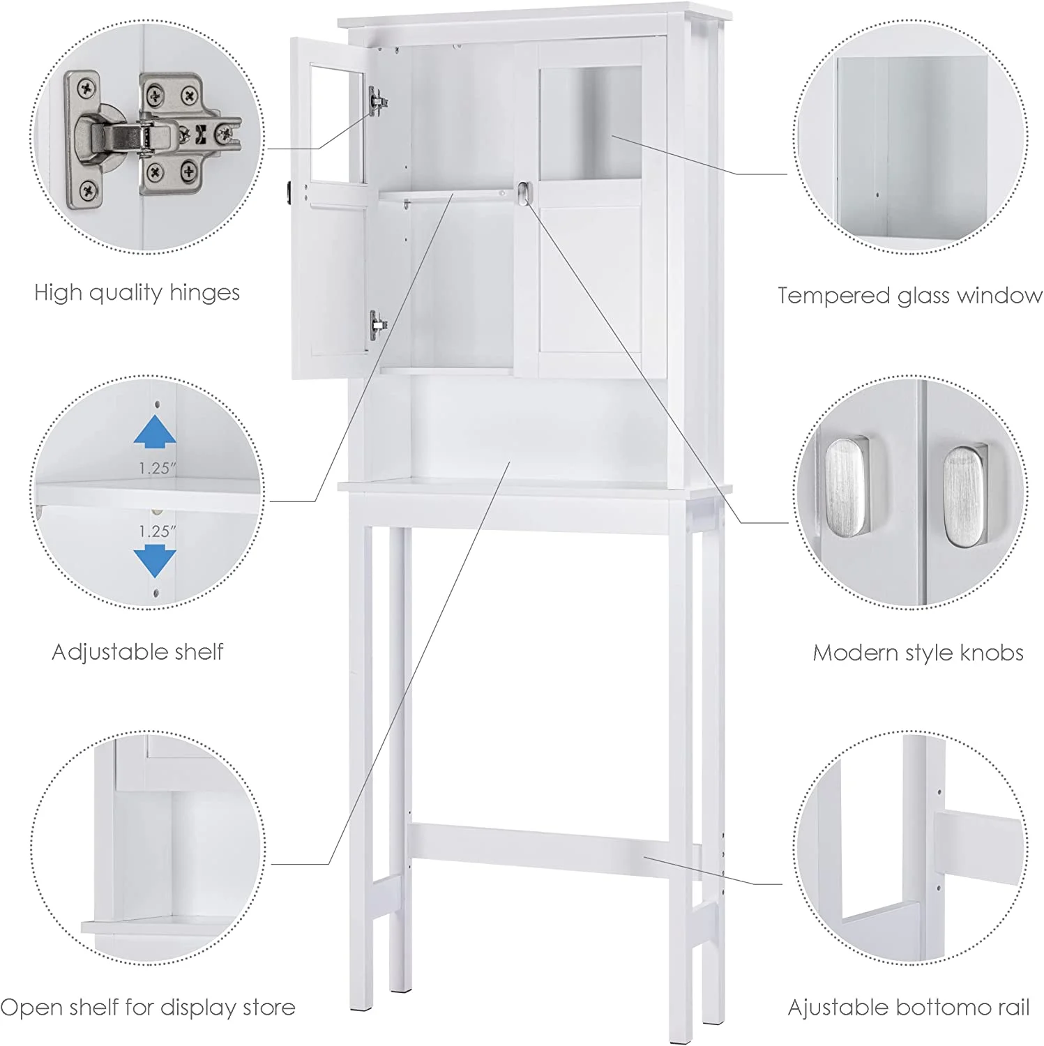 Spirich Bathroom Cabinet Over Toilet, Bathroom Storage Cabinet with Glass Doors and Adjustable Shelves, Over The Toilet Storage Cabinet, White - Image 4
