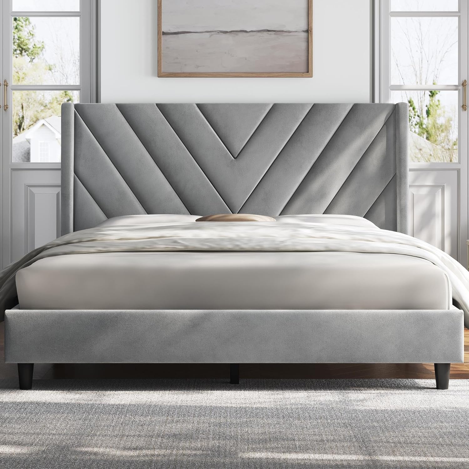 Twin Bed Frame with Chevron Channel-Tufted Headboard, Light Gray - Image 10