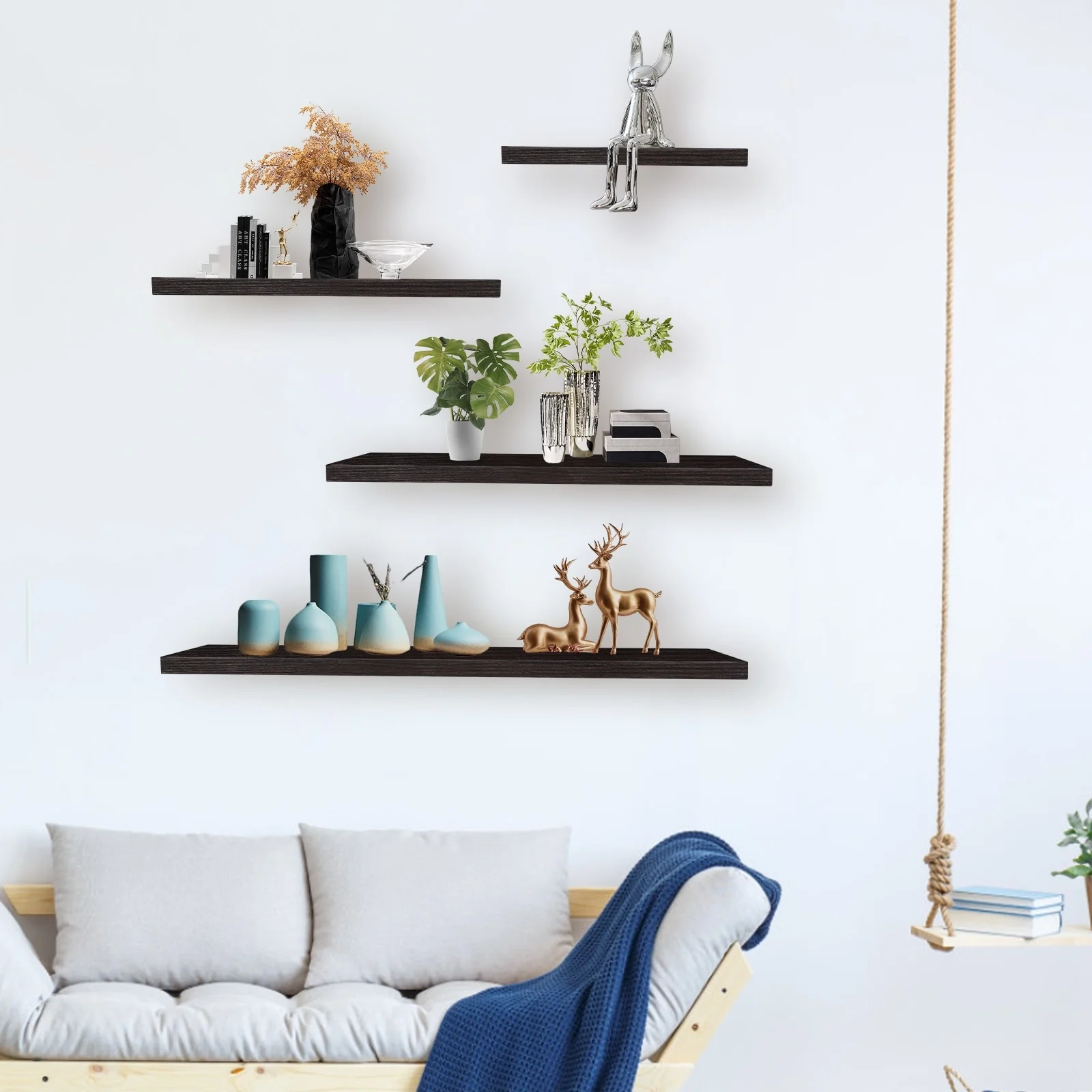 4-Piece Wood Floating Wall Shelves, White and Black Storage Shelf Set for Home Decor - Image 2