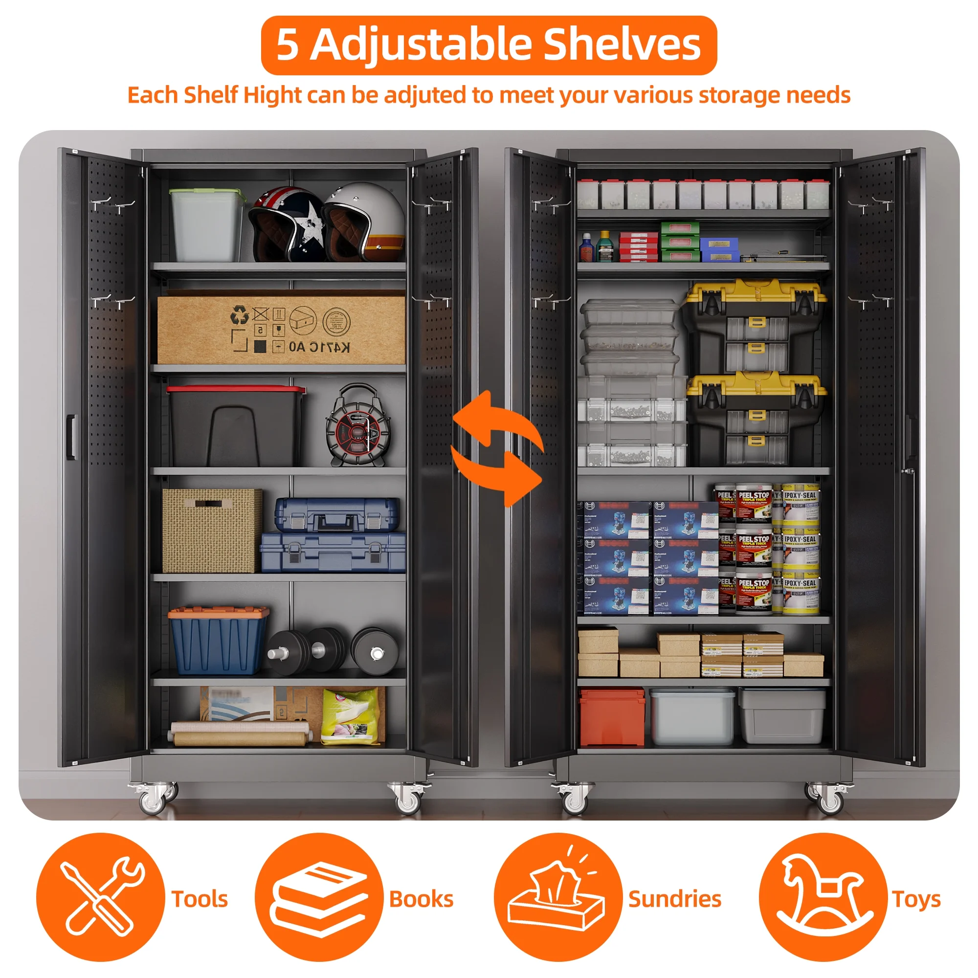 GangMei 71 Inches Tall Metal Garage Storage Cabinets with 5 Adjustable Shelves & Pegboards, Lockable Steel Black Storage Cabinet with Doors for Office, Home, School, Shops, Garage, Assembly required - Image 26