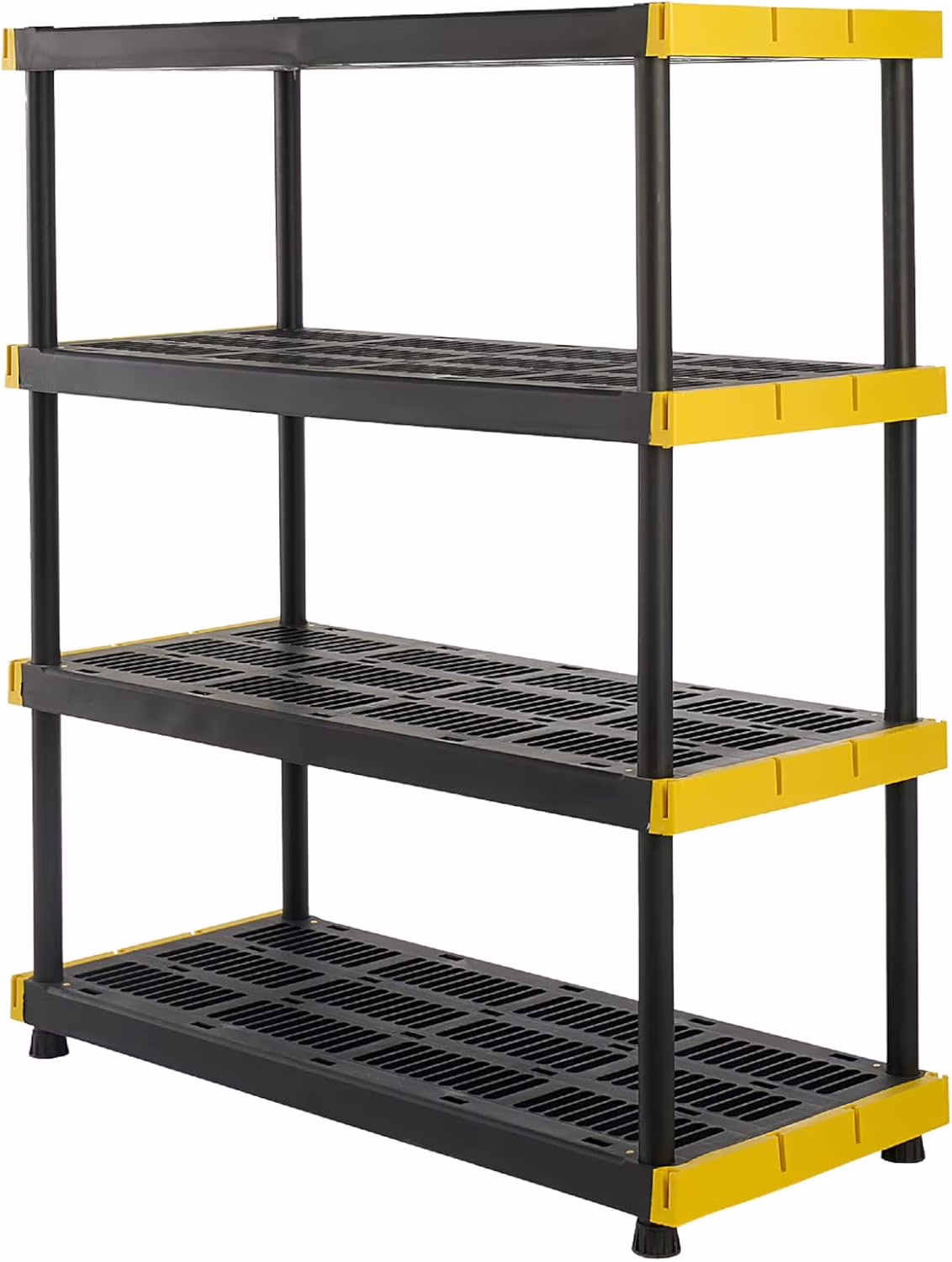 TDUKDB Black and Yellow, 4-Tier Heavy Duty Plastic Storage Shelving Unit, 200lbs/shelf (55-H x 48-W x 20-D), for Indoor/Outdoor Organization, Modular Rack