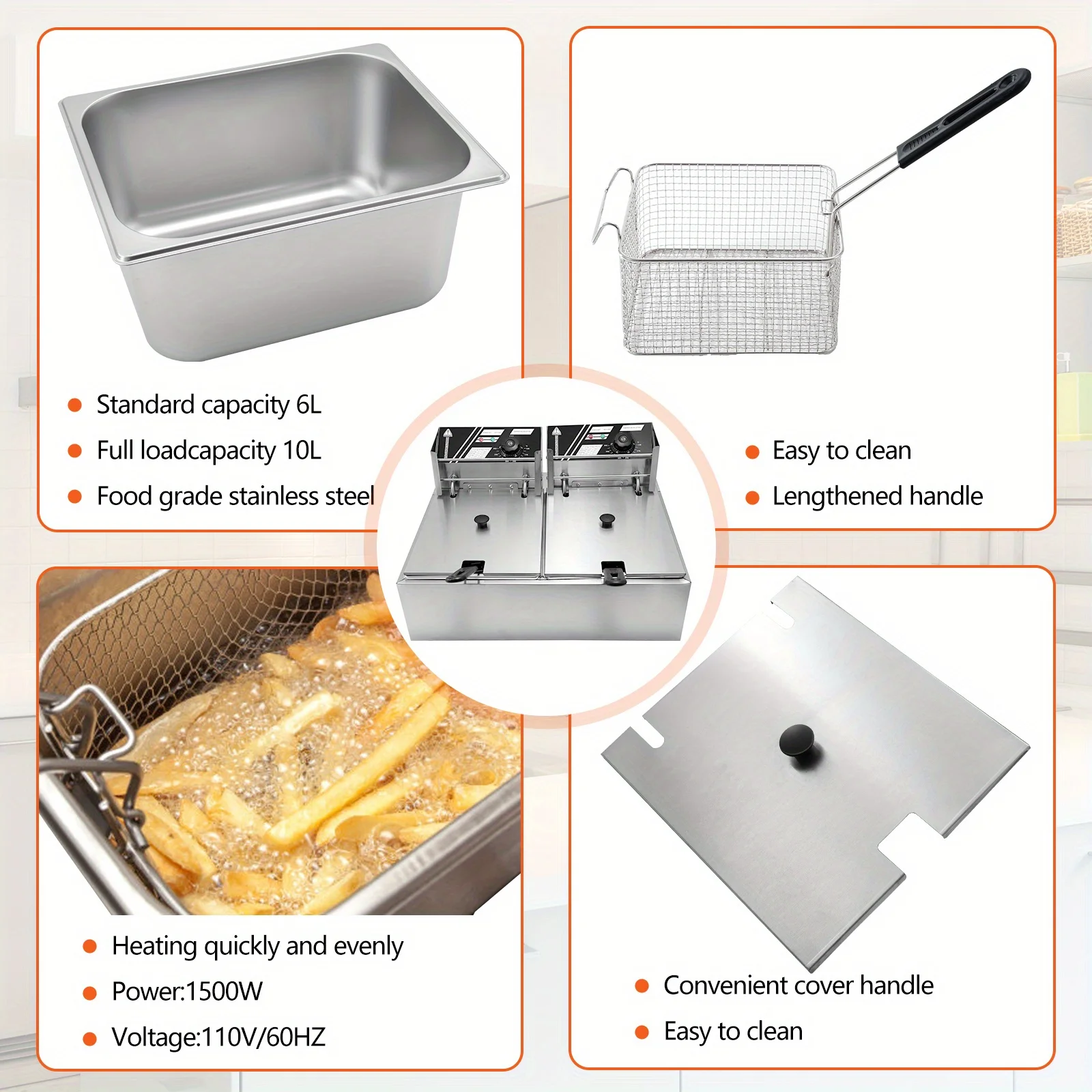 12L Stainless Steel Commercial Electric Deep Fryer - Large Capacity Countertop Fryer with Removable Tank and Lid for Easy Cleaning - Perfect for Restaurants, Cafes, and Home Use - Image 3