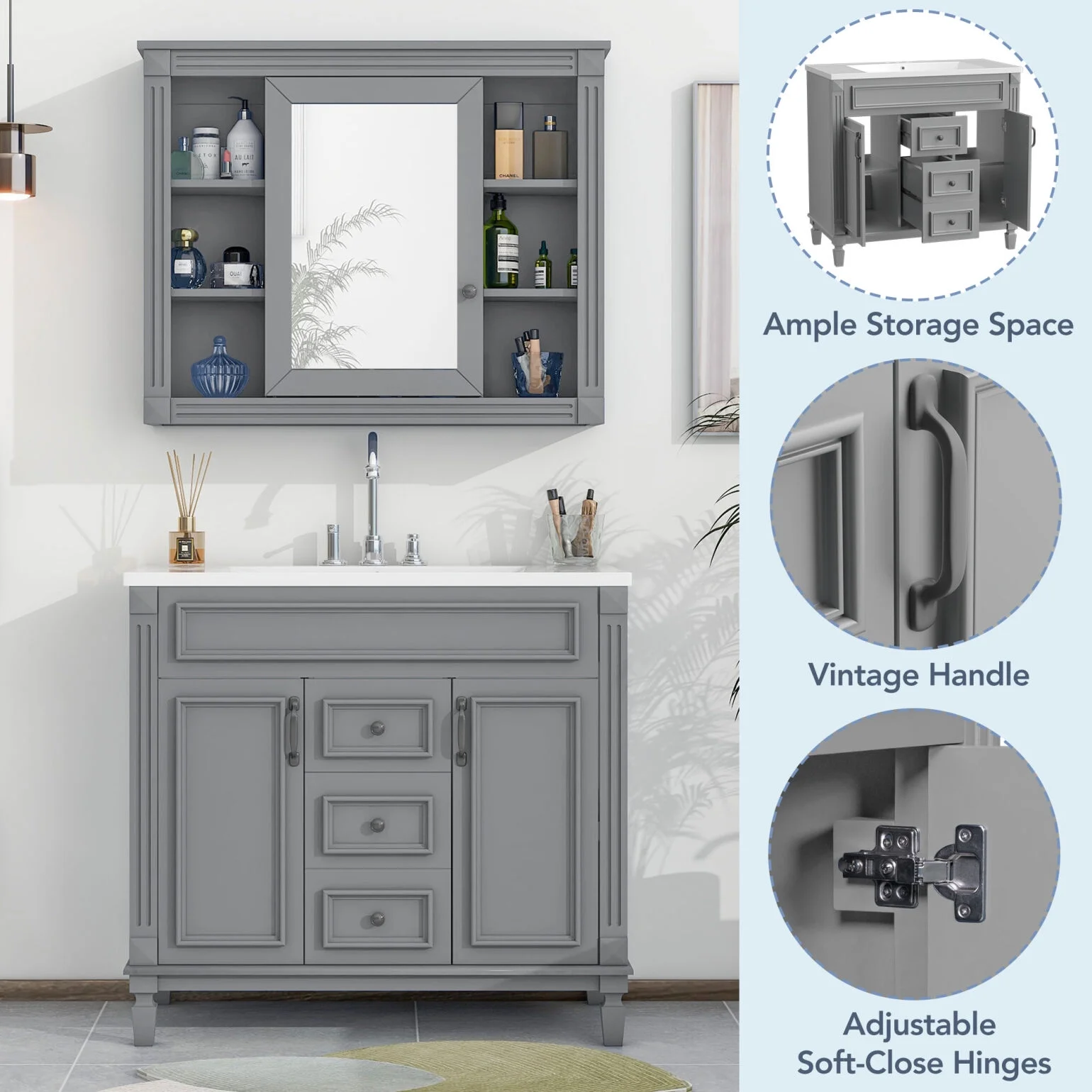 Modern Bathroom Furniture Set, 36" Bathroom Vanity with Top Sink, 35" Wall Mounted Bathroom Storage Cabinet, Mirror Cabinet with 6 Shelves, Storage Cabinet with 2 Doors and 2 Drawers, Grey - Image 7