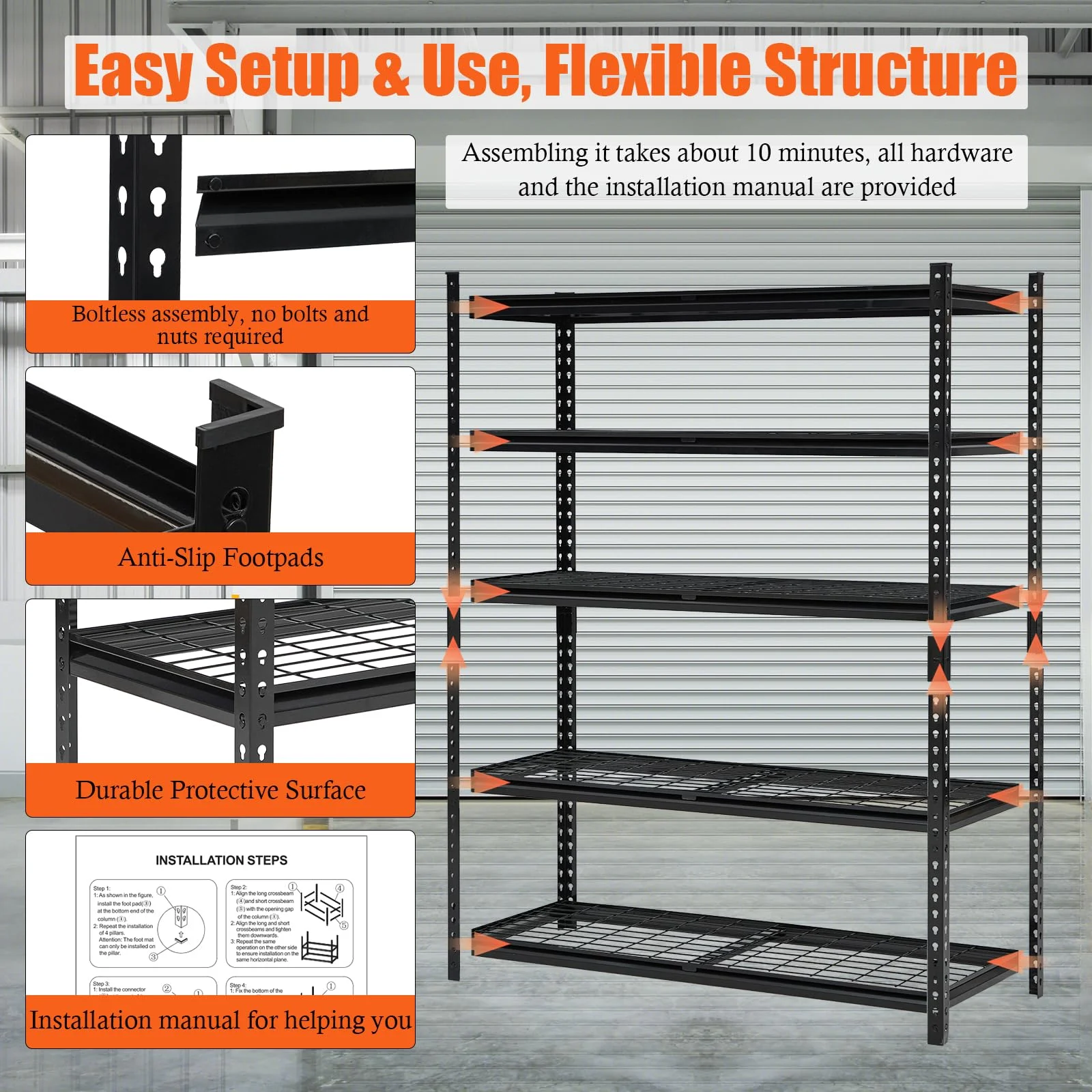 60" W Garage Shelving Units Heavy Duty,5-Tier Adjustable Storage Shelves 2500 LBS Metal Storage Utility Racks 24" D x 72" H - Image 7