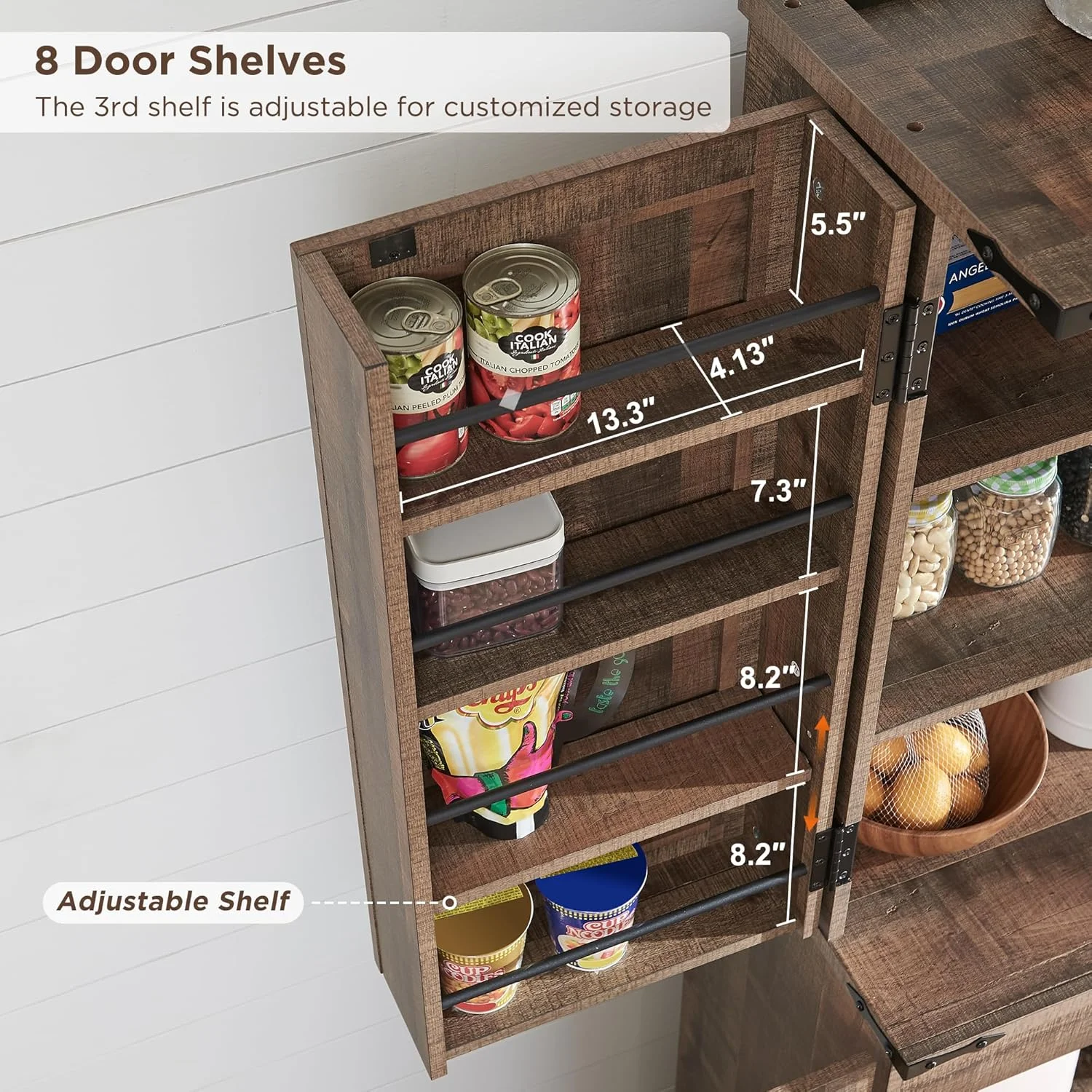 47" Kitchen Pantry, Farmhouse Storage Cabinet with Barn Doors, Organizer and Adjustable Shelves, Rustic Wood Cupboard for Kitchen, Dining Room, Bathroom and Hallway, Black - Image 15