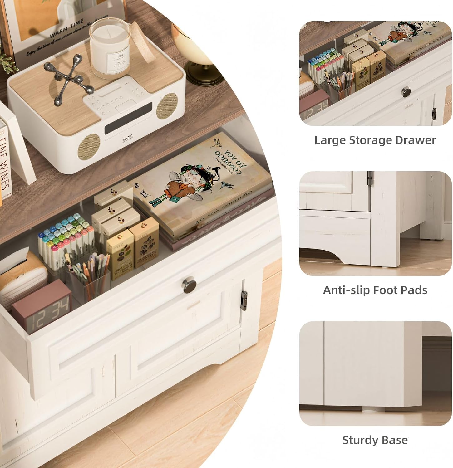 Buffet Cabinet with Storage and Drawer Sideboard Coffee Bar with Adjustable Shelves and Doors, White Accent Cabinet Credenza Console Organizer Modern Coffee Bar for Kitchen Dining Room Living Room - Image 8
