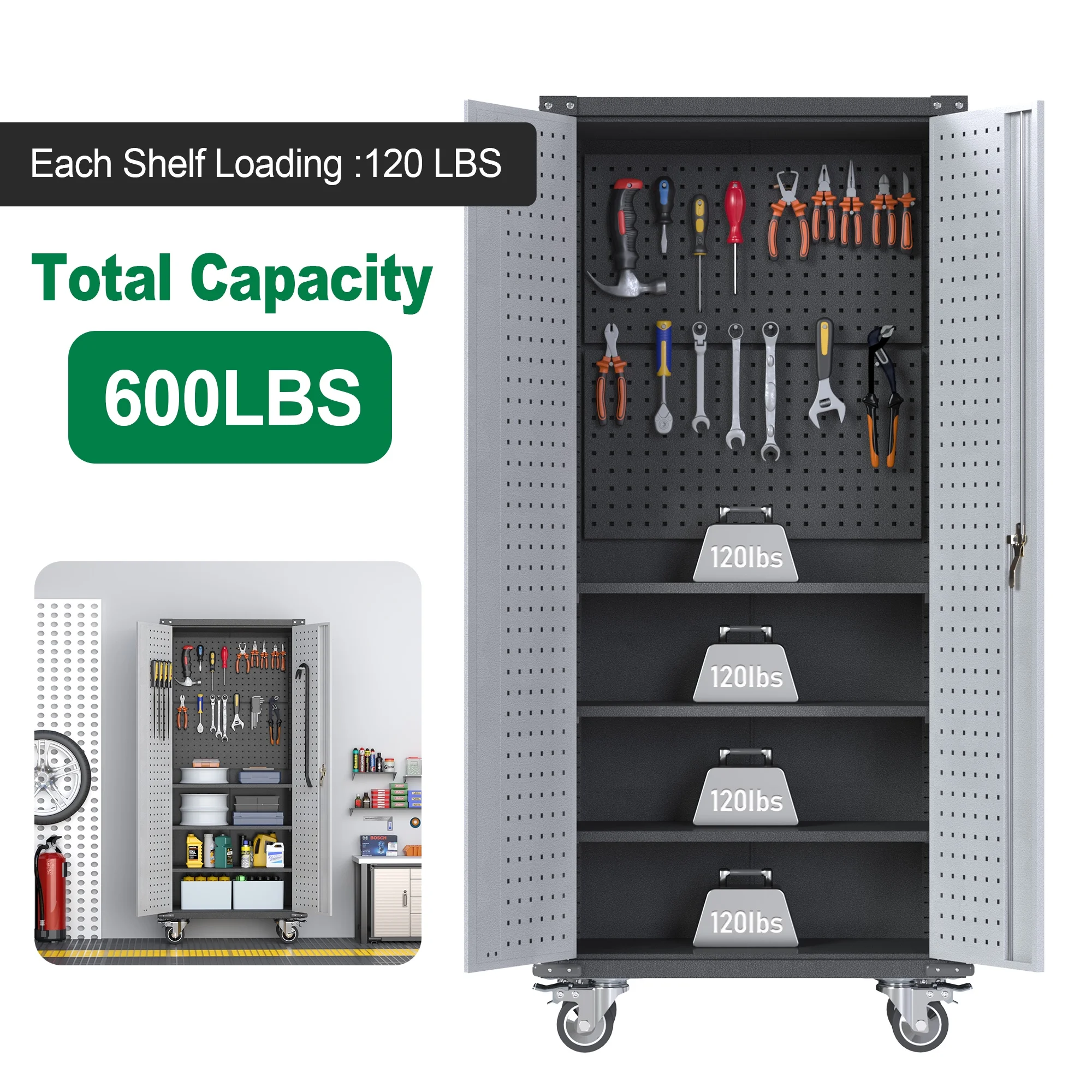 SUPEER 71" Metal Storage Cabinets with Wheels and Pegboards, Industrial Cabinet with 2 Drawers and 2 Adjustable Shelves,, Assembly Required - Image 44