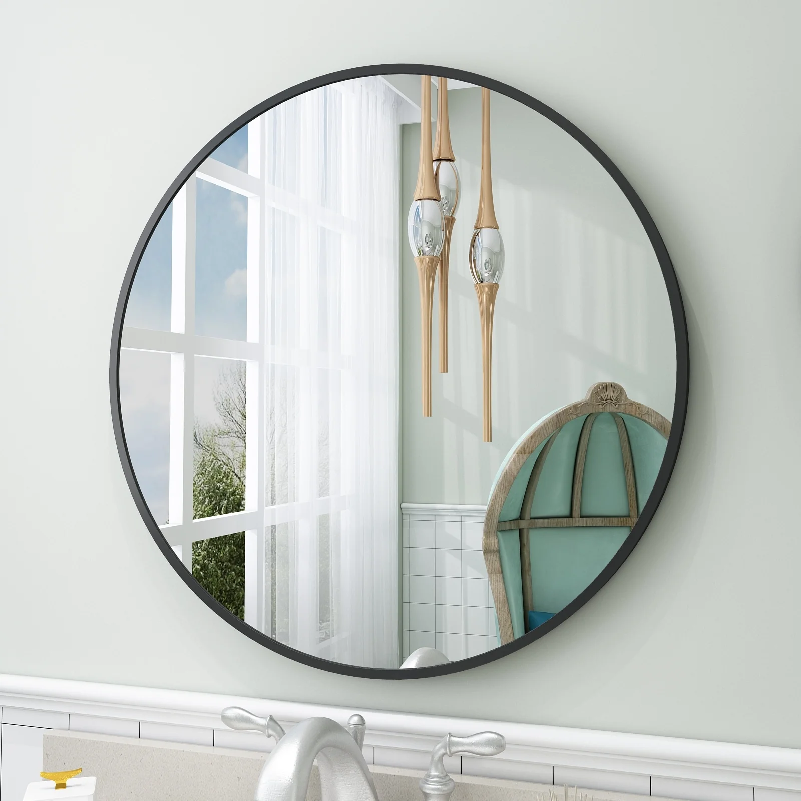 Round Metal Black Frame Bathroom Vanity Mirror, Wall Mounted Decorative Mirror - Image 45