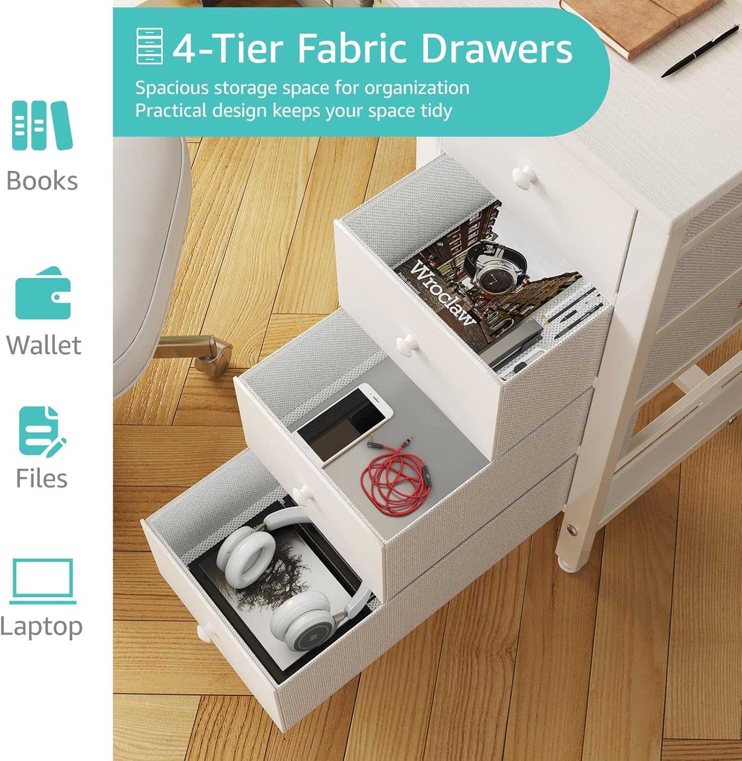 40 Inch Small White Desk with Fabric Drawers, Compact Computer Writing Desk for Home Office, Bedroom and Study - Image 6