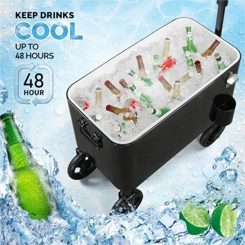 80 Quart Wagon Rolling Cooler Ice Chest, /Long Handle and 10" Wheels, Portable Beach Patio Party Bar Cold Drink Beverage, Outdoor Park Cart on Wheels - Image 10
