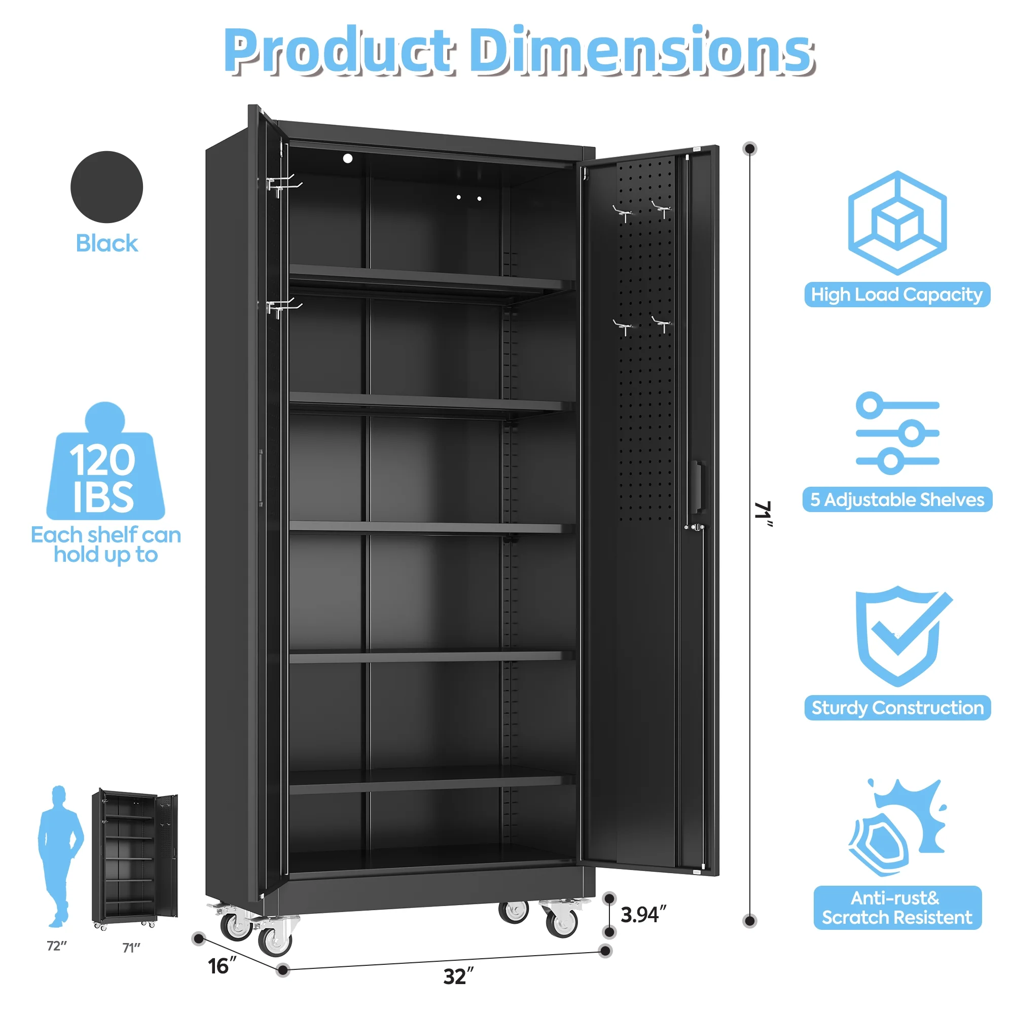 Gaeanet Rolling Tool Storage Cabinet with 5 Adjustable Shelves and Pegboard,Metal Garage Storage Cabinet with Wheels for Garage Home Office Utility Room,71" H-32" W-16" D,Required Assembly, Black - Image 4