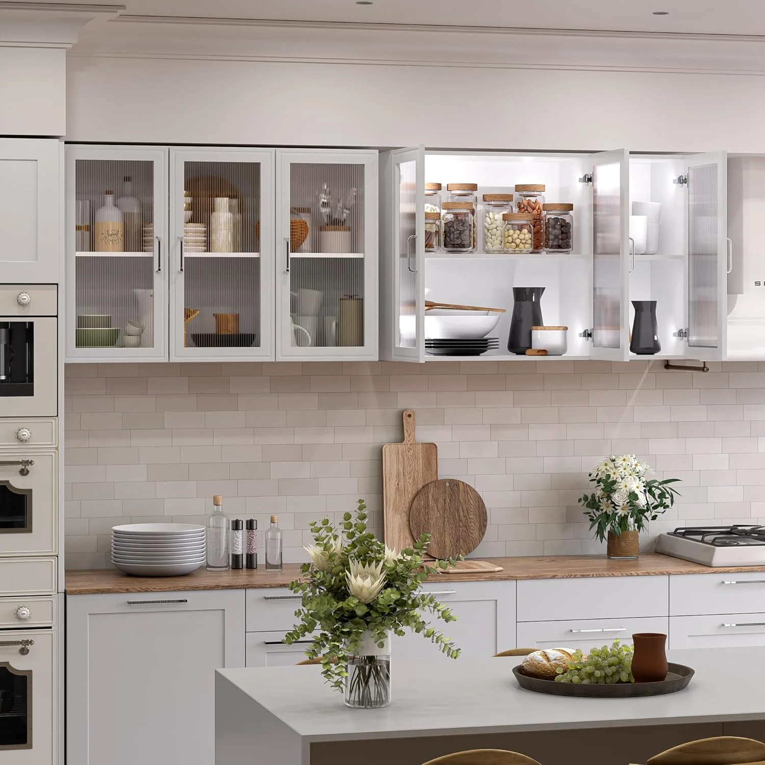 Wall Storage Cabinets - Led Upper Kitchen Laundry Wall Mounted Cabinets with Acrylic Glass 3 Doors and Shelves, 36'Wide - Image 6
