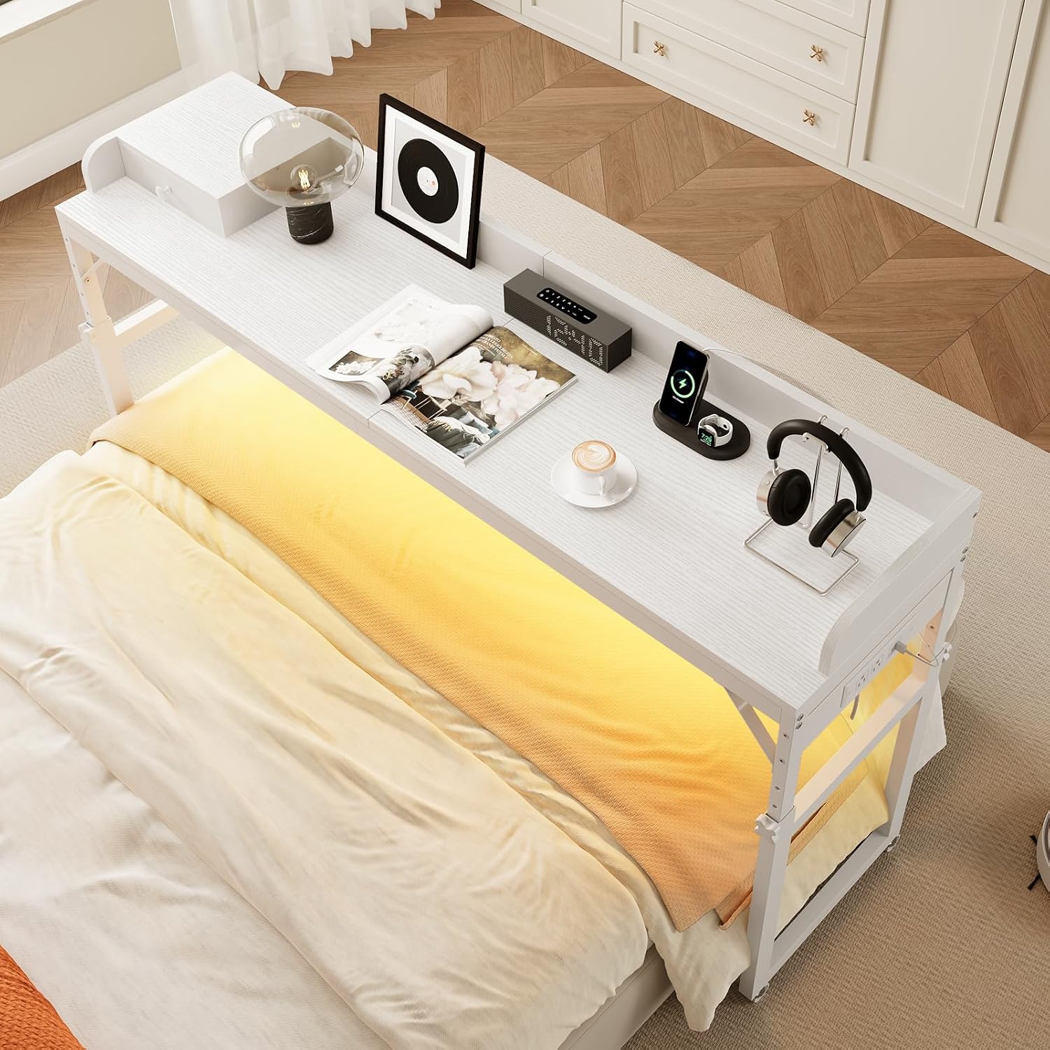 Overbed Table with Wheels, Rolling Table with Outlets and Light Strip for Queen Bed, Mobile Bed Desk with Drawer and Adjustable Height, White - Image 2