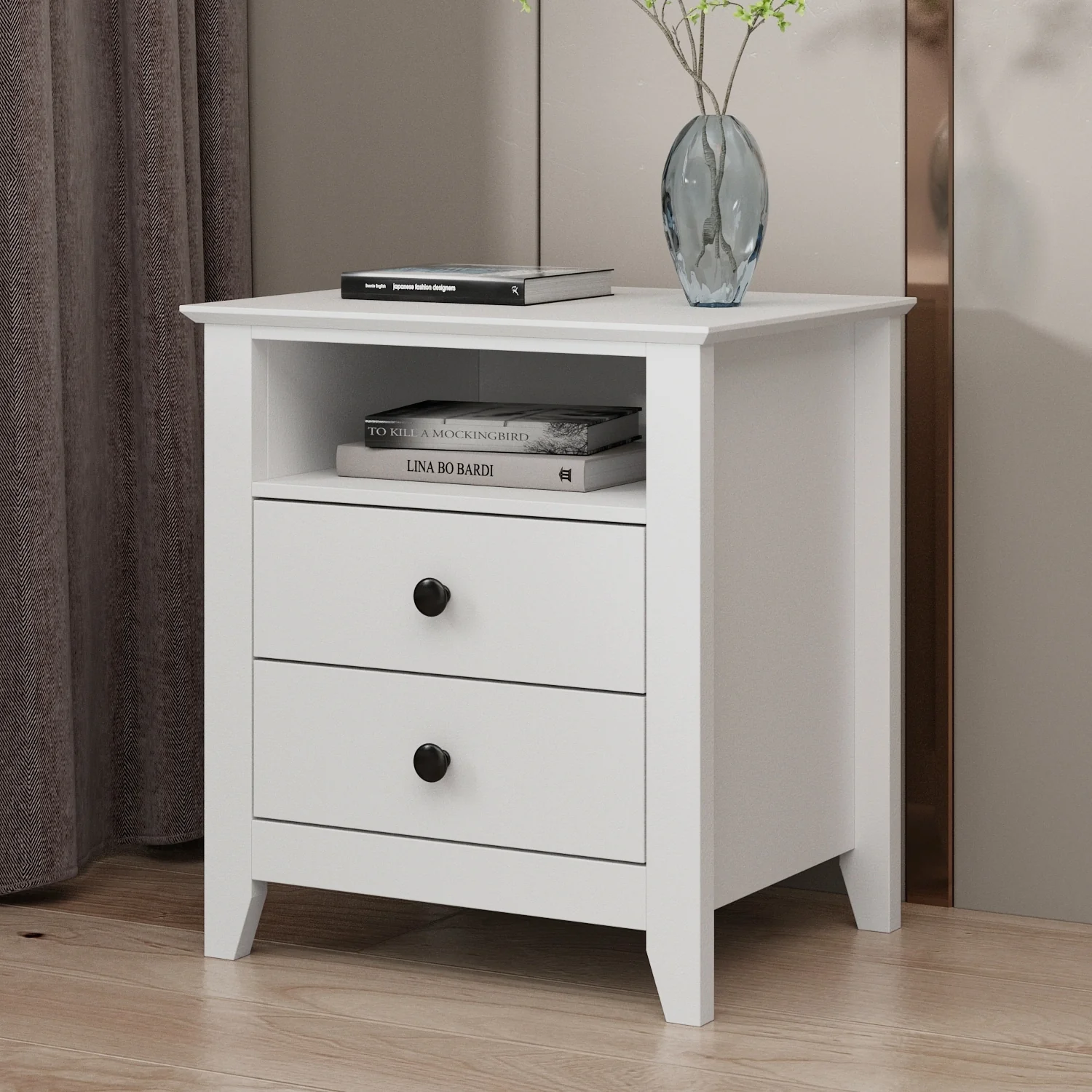 21.7 Inch Tall White Nightstand, 2 Drawers and 1 Open Shelf Bedside End Table