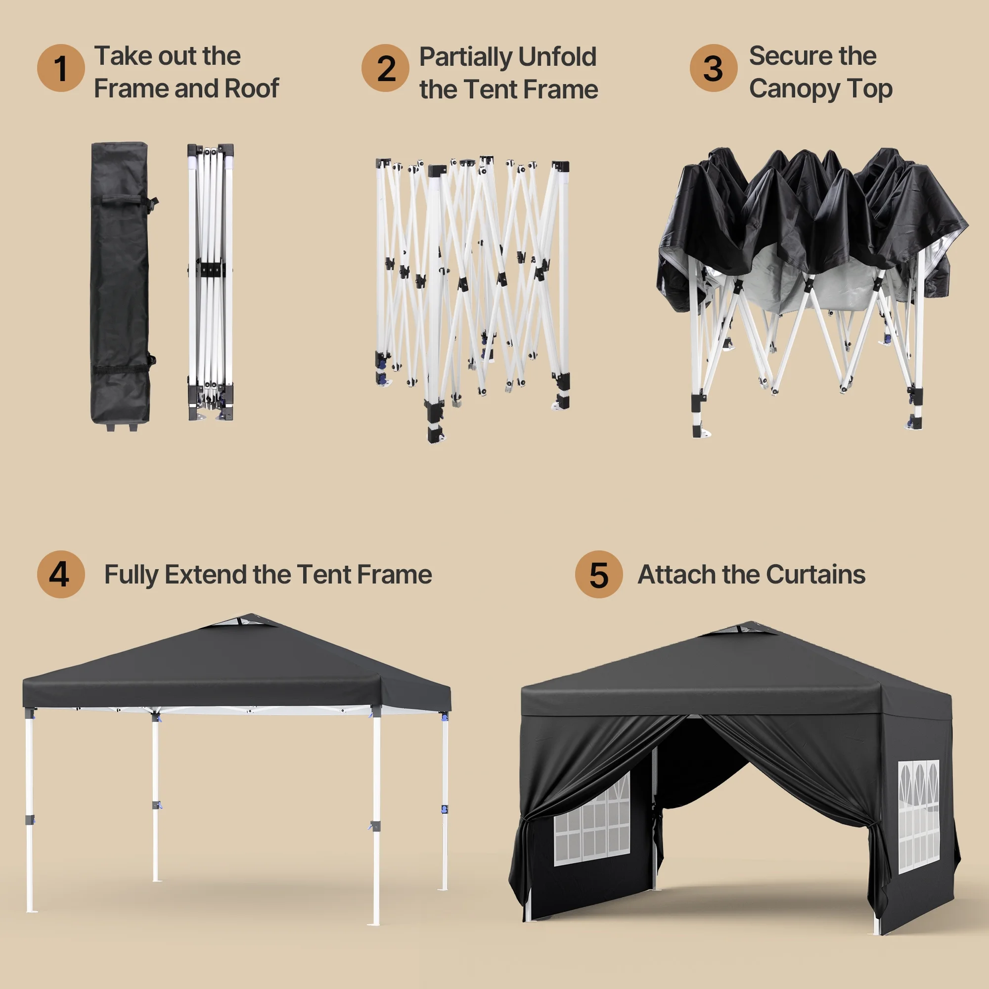 10'x10' Pop-up Canopy Tent with 4 Removable Sidewalls -?Lofka Portable Outdoor Canopy with 4 Sandbags, 8 Stakes & Ropes -?Perfect for Beach, Party, Patio & Yard Events, Black - Image 7