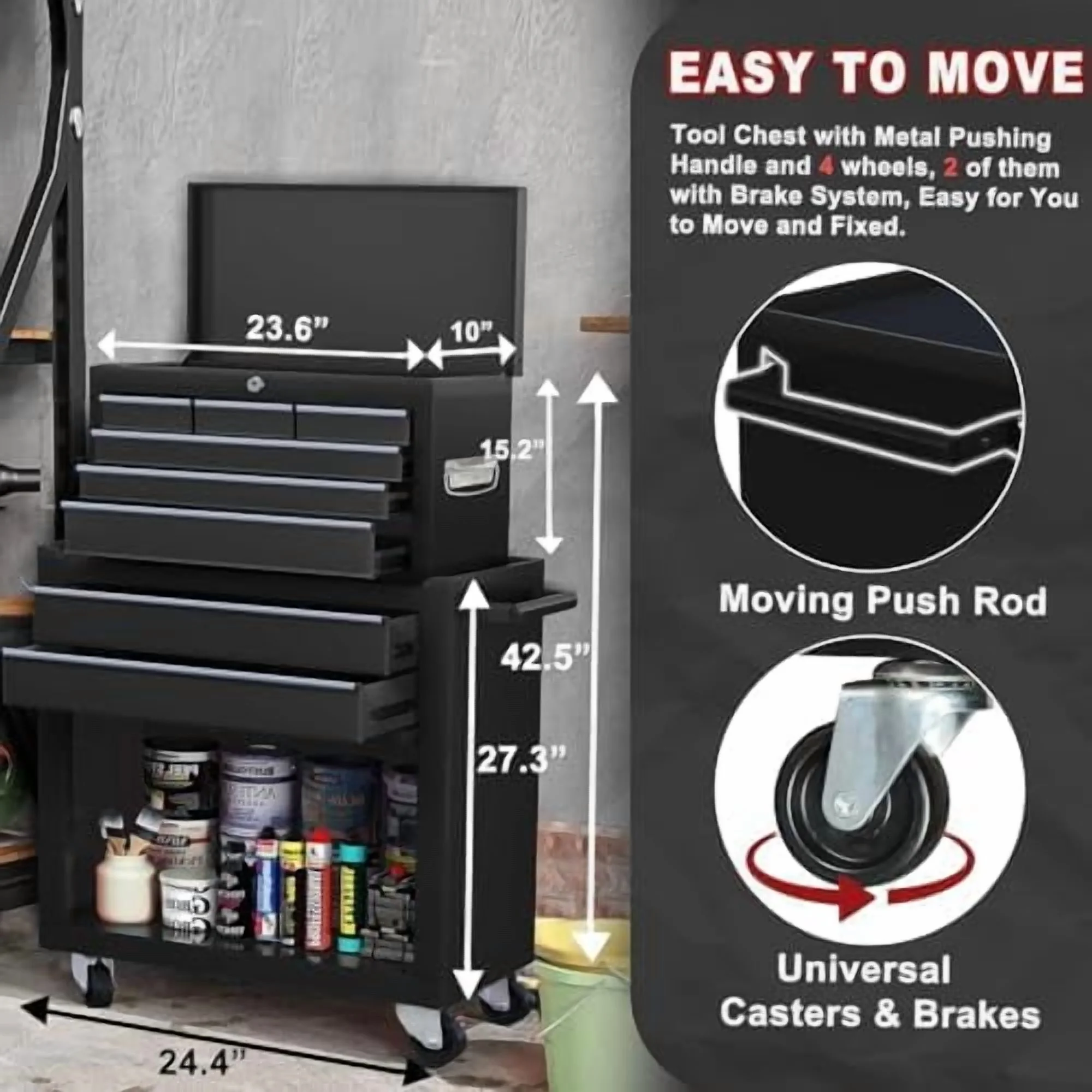 8-Drawer Rolling Tool Chest with Detachable Top Tool Box, Lockable Metal Tool Cabinet, and Liner, Heavy-Duty Storage Organizer with Wheels and 6 Hooks for Garage, Workshop, Green - Image 12