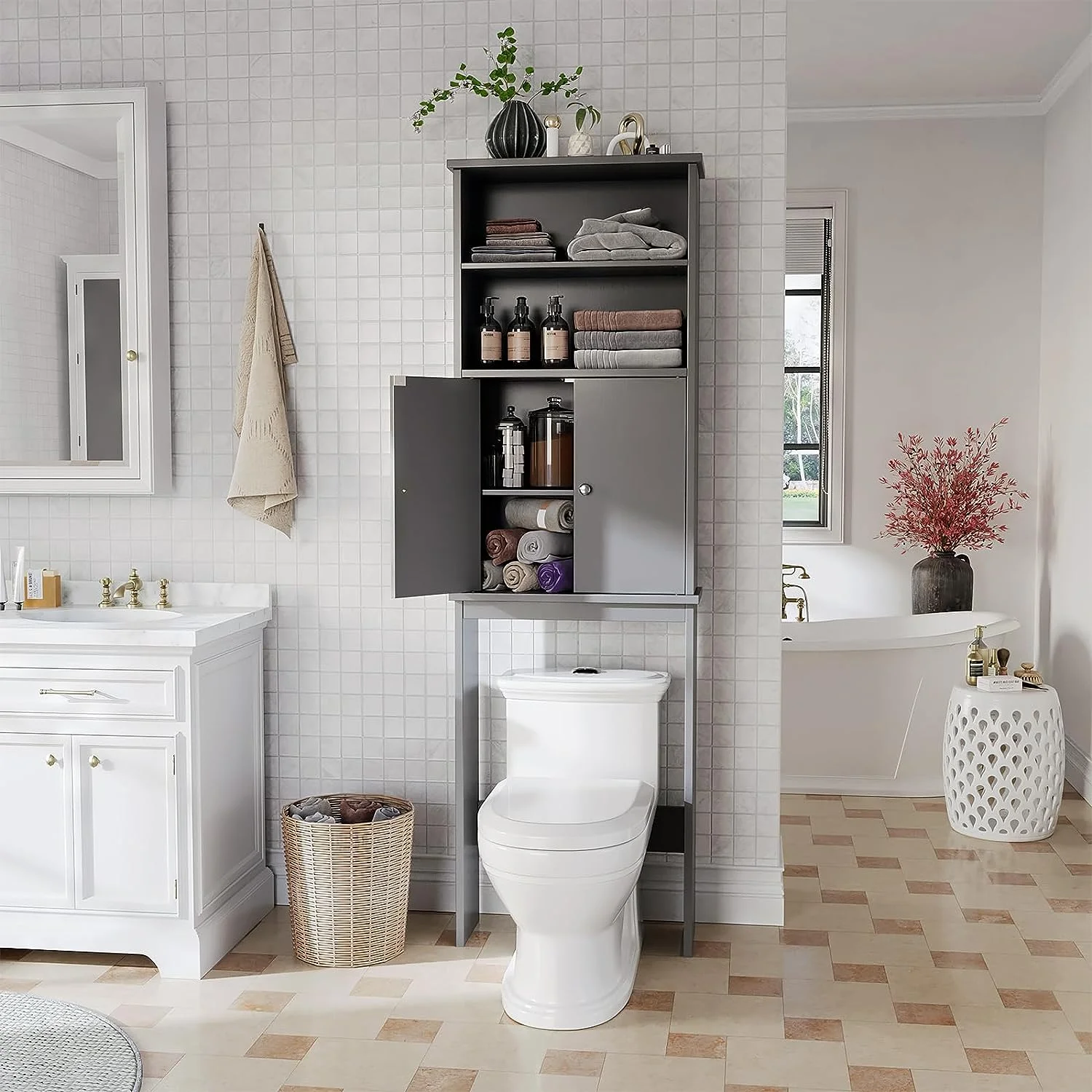 Sobaniilo Over The Toilet Storage Cabinet for Bathroom, Storage Organizer Over Toilet, Space Saver W/Adjustable Shelf & Open Storage Shelf, 75in, White - Image 14