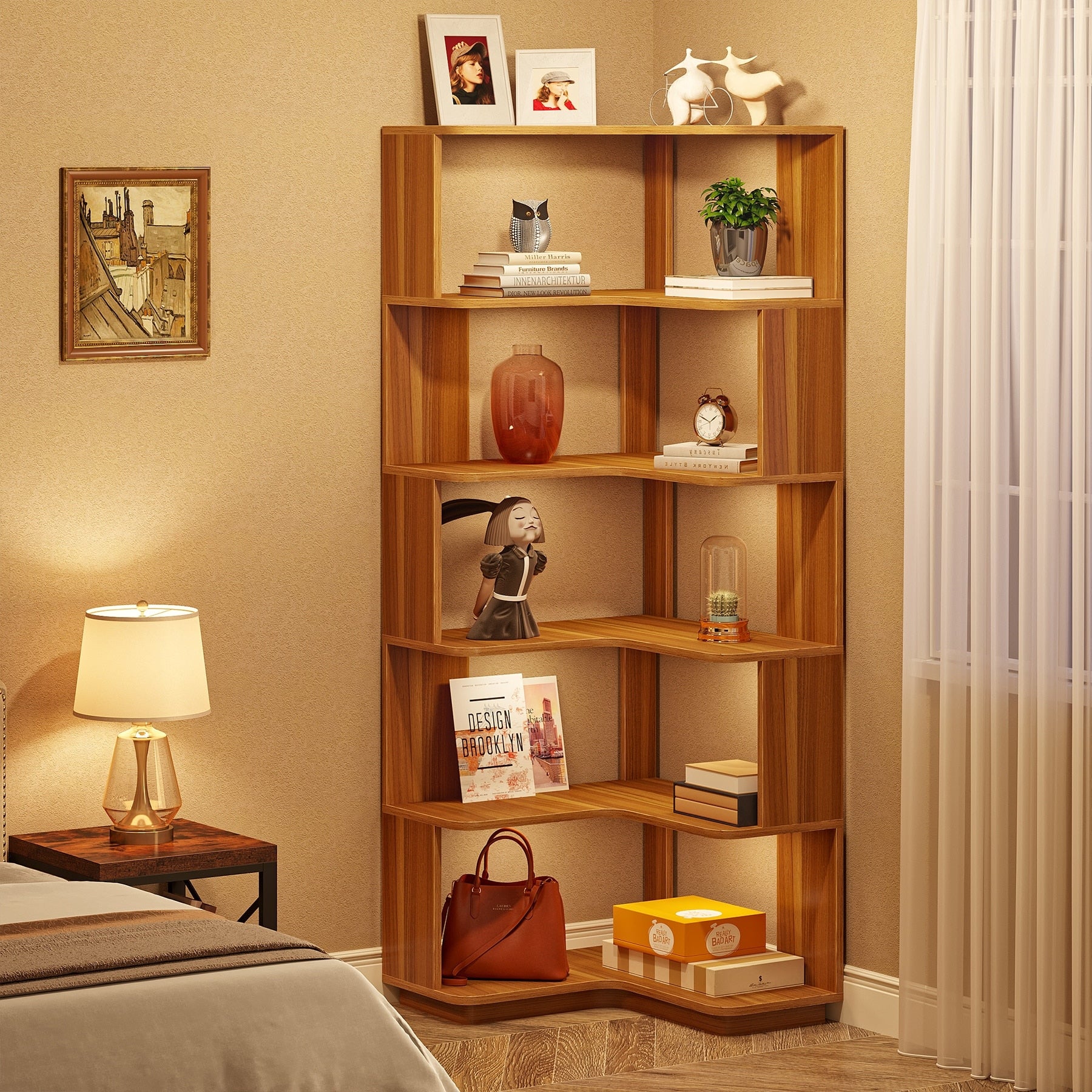 64.9 Inch Tall 6-Tier Corner Bookshelf, Freestanding Wood Industrial Bookcase - Image 14