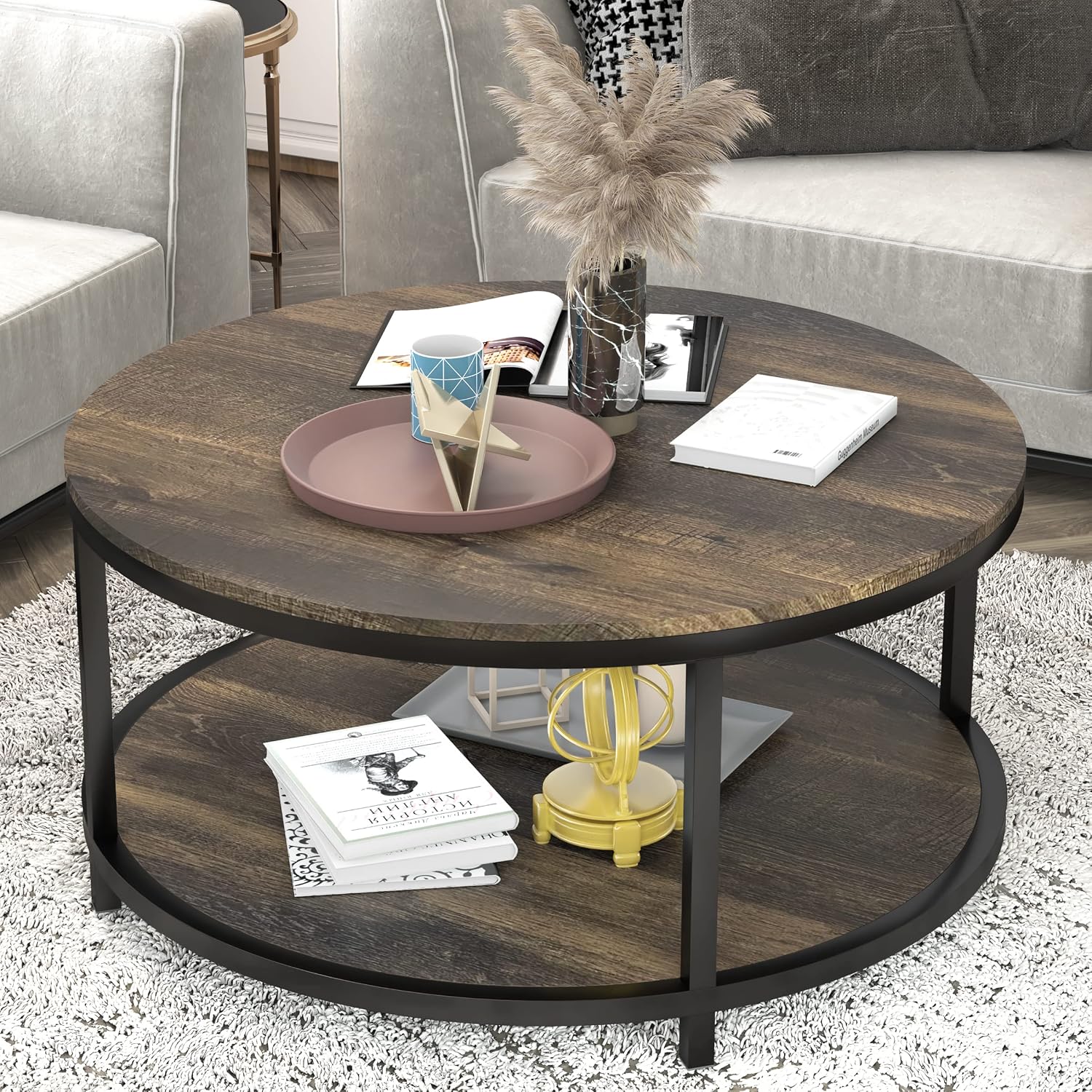 Round Coffee Table, 36" Coffee Table for Living Room, 2-Tier Rustic Wood Desktop with Storage Shelf, Modern Design Home Furniture (Light Walnut) - Image 7