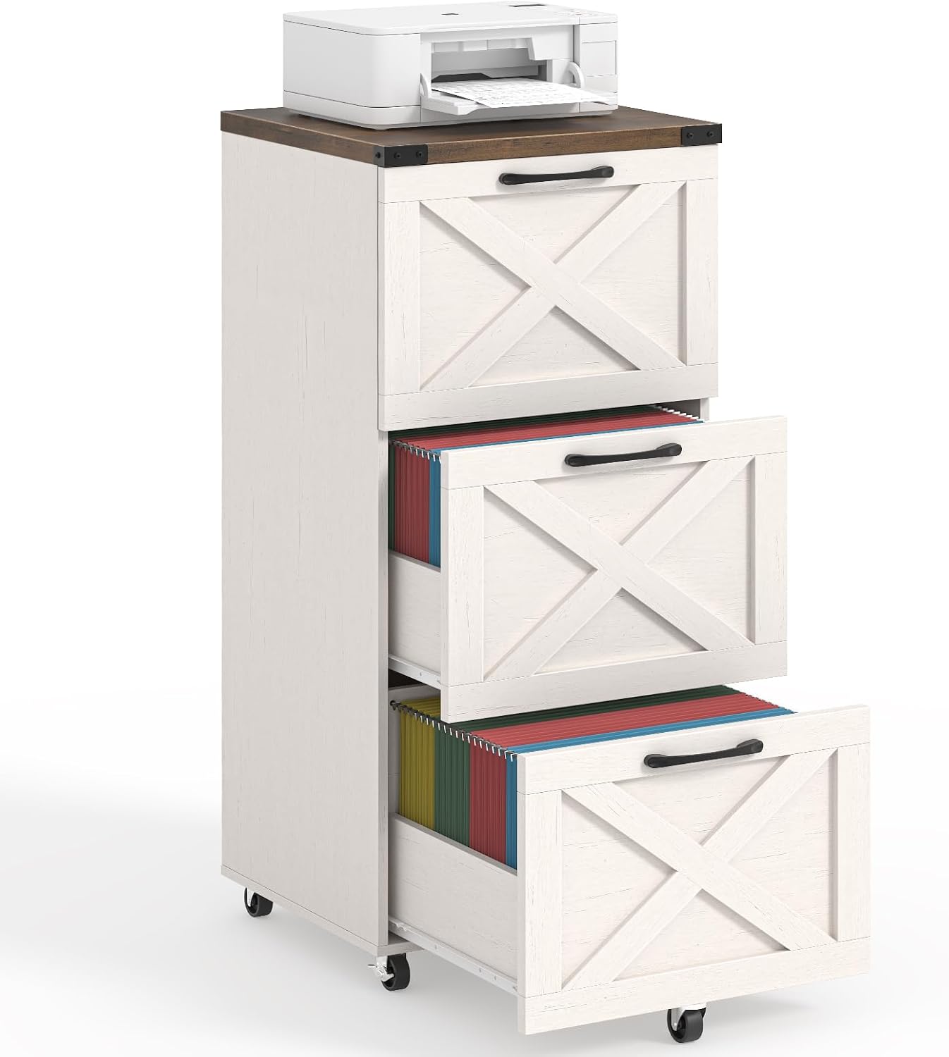 3 Drawers Tall Farmhouse File Cabinet with Wheels, Rustic White - Image 4