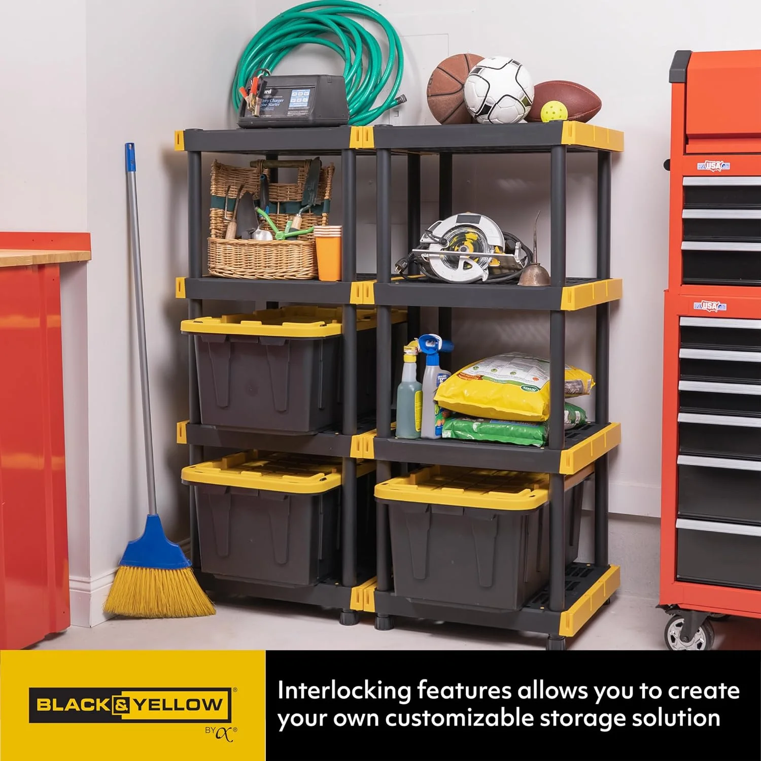BLACK & YELLOW 4-Tier Heavy Duty Plastic Storage Shelving Unit, 100lbs/shelf (55"H x 24"W x 20"D), for Indoor/Outdoor Organization, Modular Rack, Extremely Durable, Made in The USA - Image 4