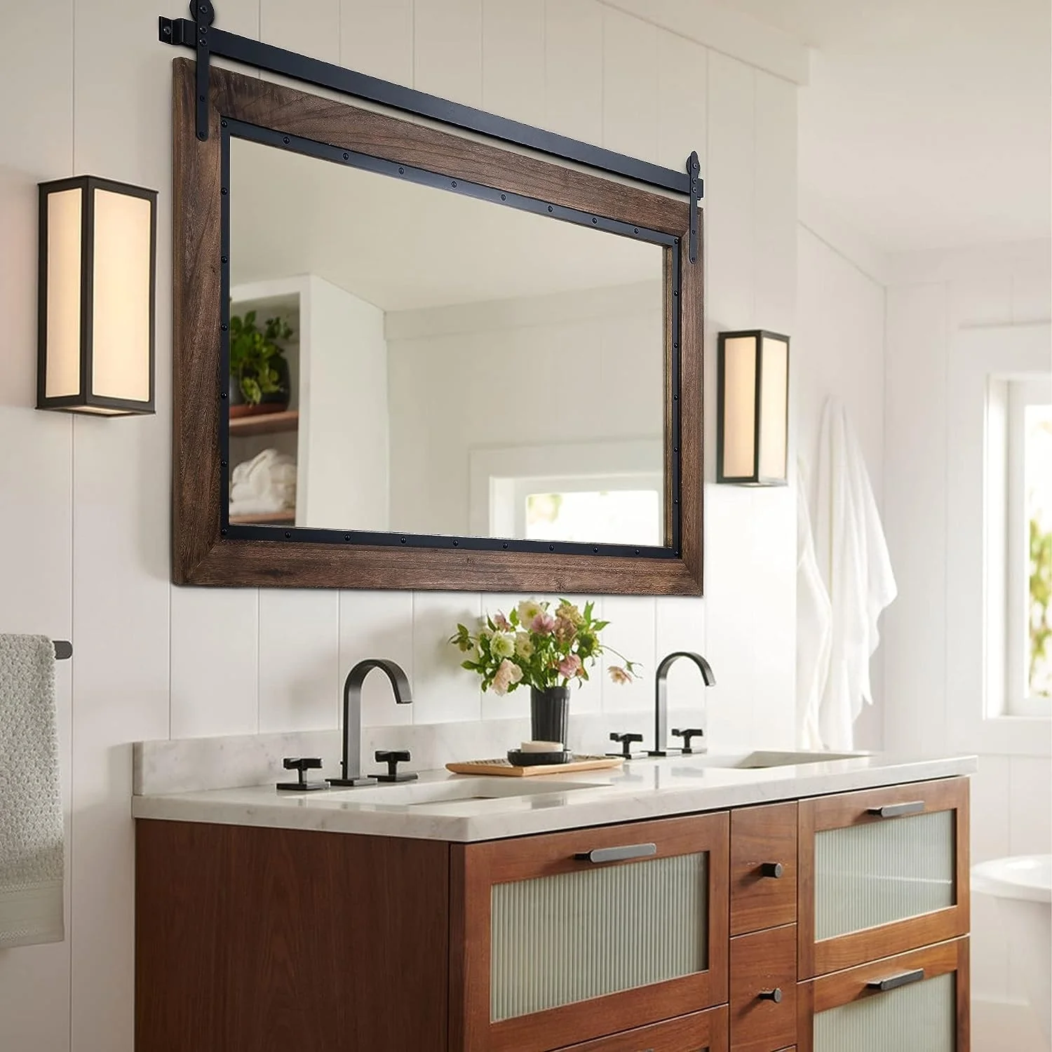 Farmhouse Barn Door Style Bathroom Vanity Mirror, Natural Wood Wall Mirror for Bathroom, Bedroom and Entryway - Image 14