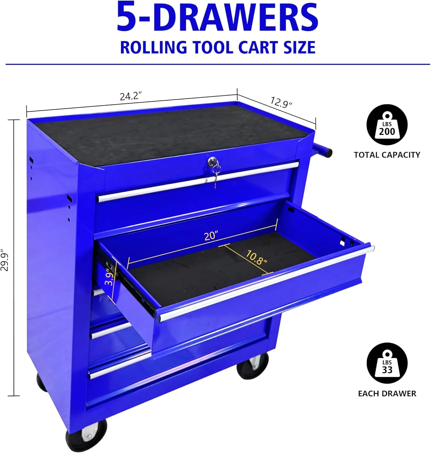 DSstyles Tool Chests, 5-Drawer Rolling Tool Storage Cabinet with Detachable Tray, Multi-Functional Handles, Adjustable Shelves, Secure Locking System, Heavy-Duty Wheels, Ideal for Garage, Workshop - Image 8