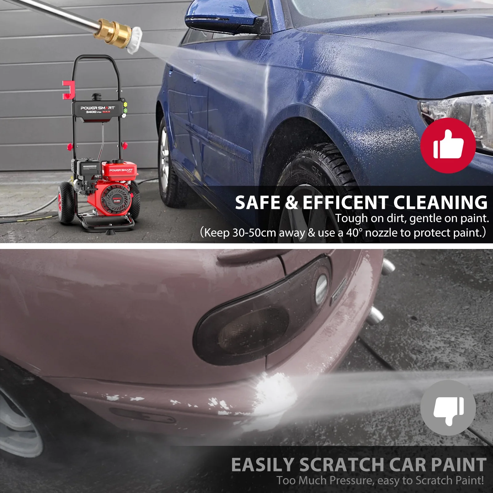PowerSmart Gas Pressure Washer, 212cc, 3400PSI, 2.5GPM, 10-inch Wheel, for Cars/ Fences Cleaning - Image 7