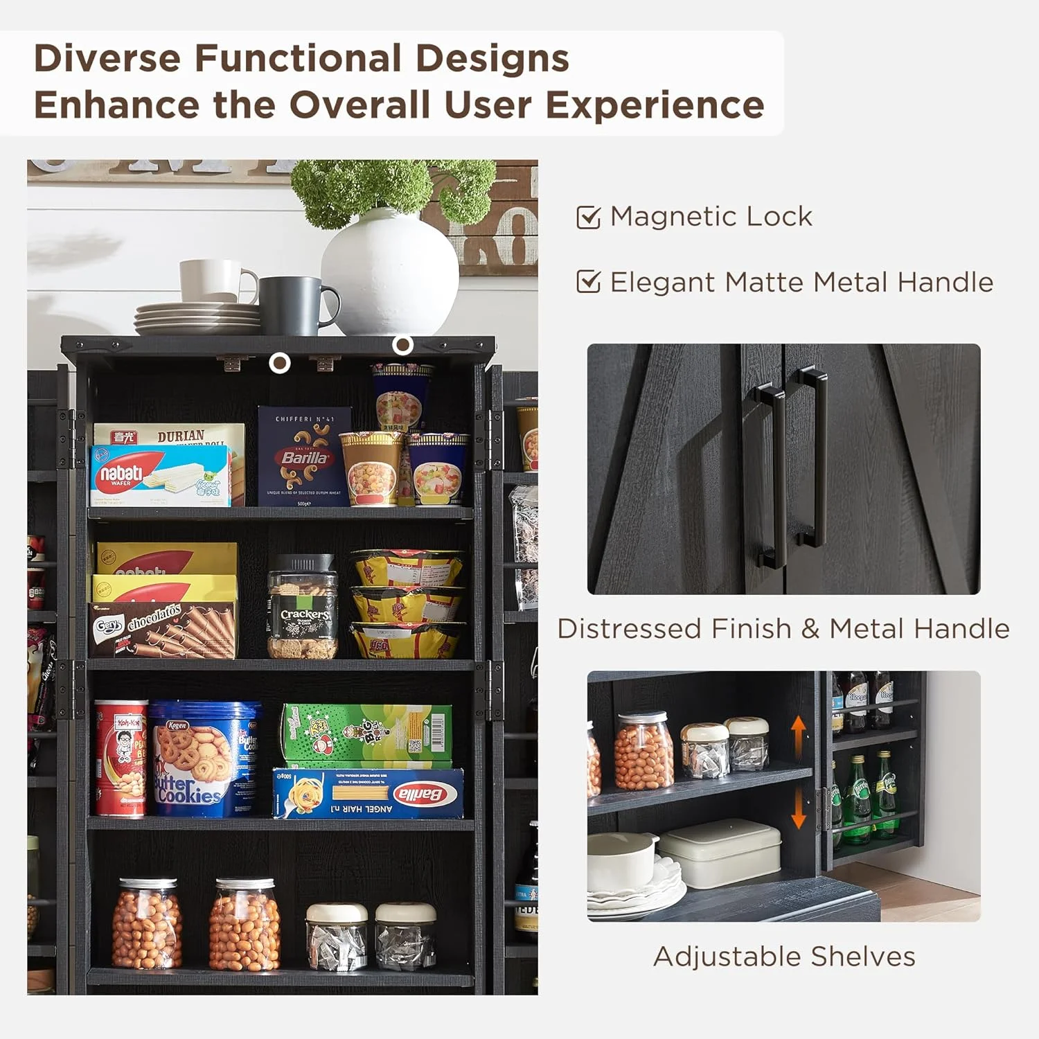 47" Kitchen Pantry, Farmhouse Storage Cabinet with Barn Doors, Organizer and Adjustable Shelves, Rustic Wood Cupboard for Kitchen, Dining Room, Bathroom and Hallway, Black - Image 9