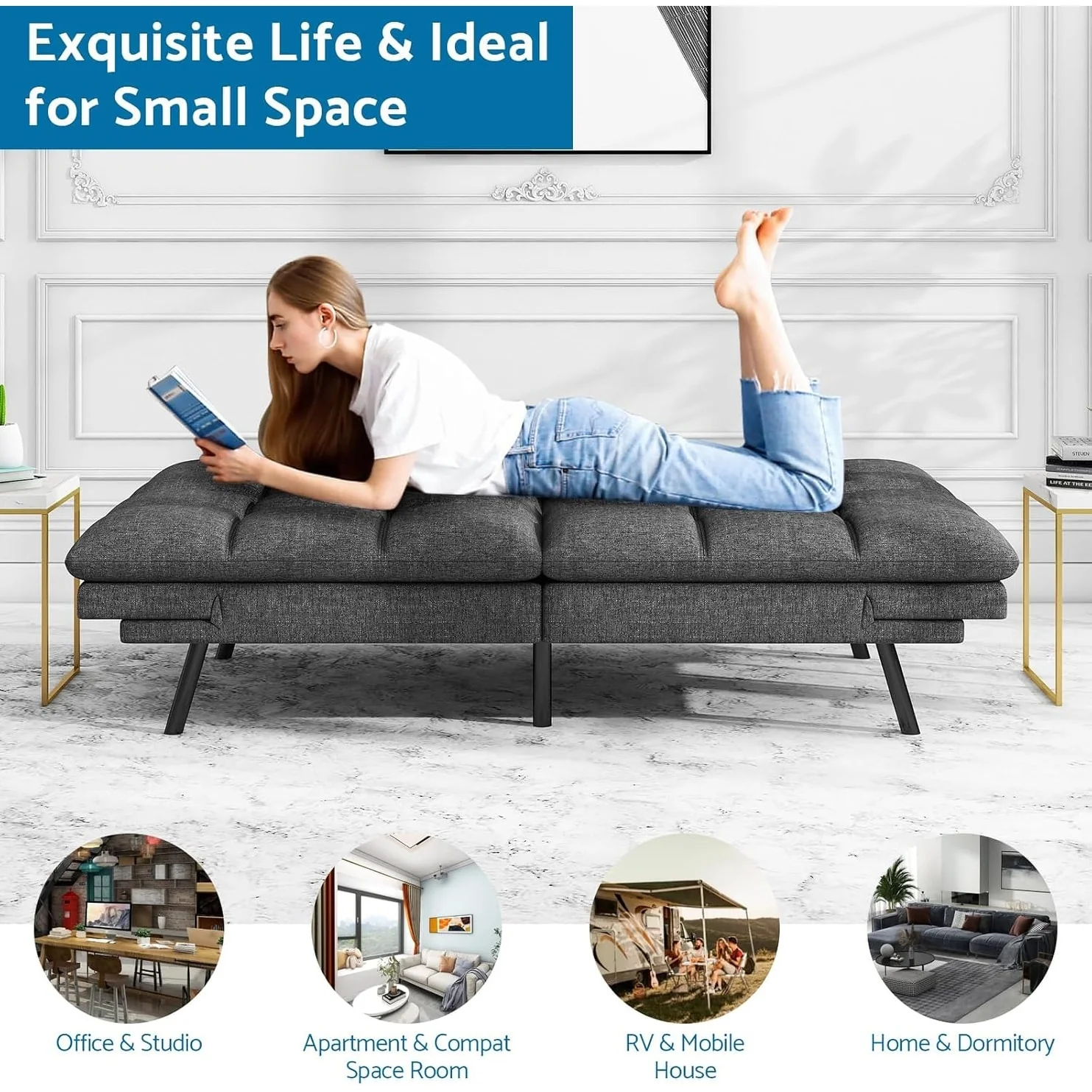 Convertible Futon Sofa Bed with Memory Foam, Foldable Loveseat Sleeper with Adjustable Armrests - Image 4