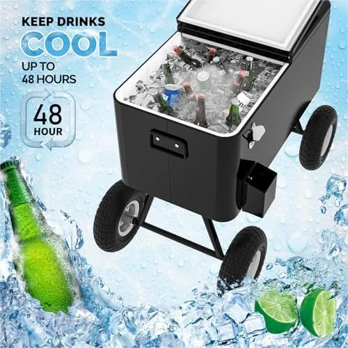 80 Quart Wagon Rolling Cooler Ice Chest, /Long Handle and 10" Wheels, Portable Beach Patio Party Bar Cold Drink Beverage, Outdoor Park Cart on Wheels - Image 16