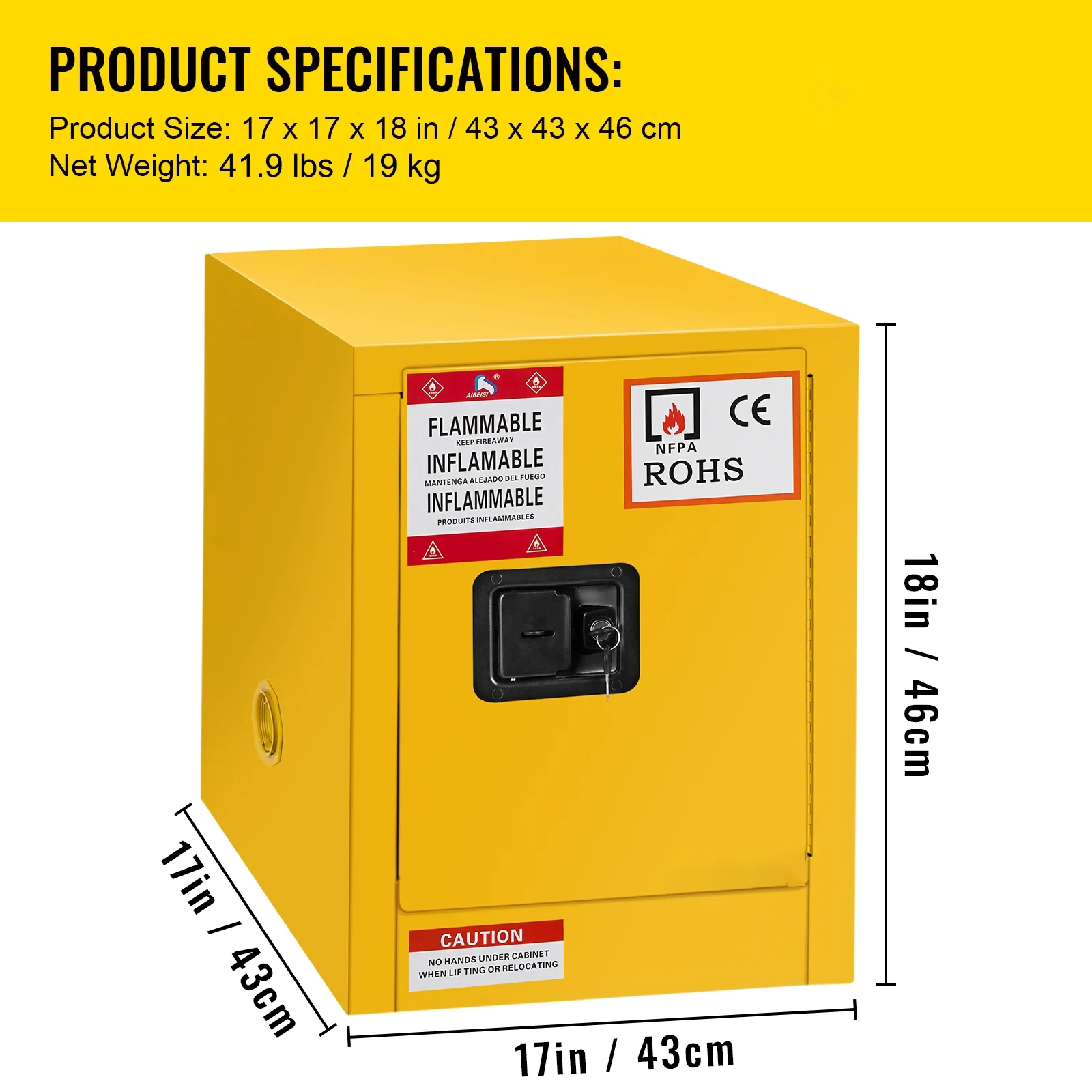 BENTISM Safety Cabinet for Flammable Liquids Single door and Manual Close Yellow Hazardous Storage 43 x 43 x 46CM - Image 8
