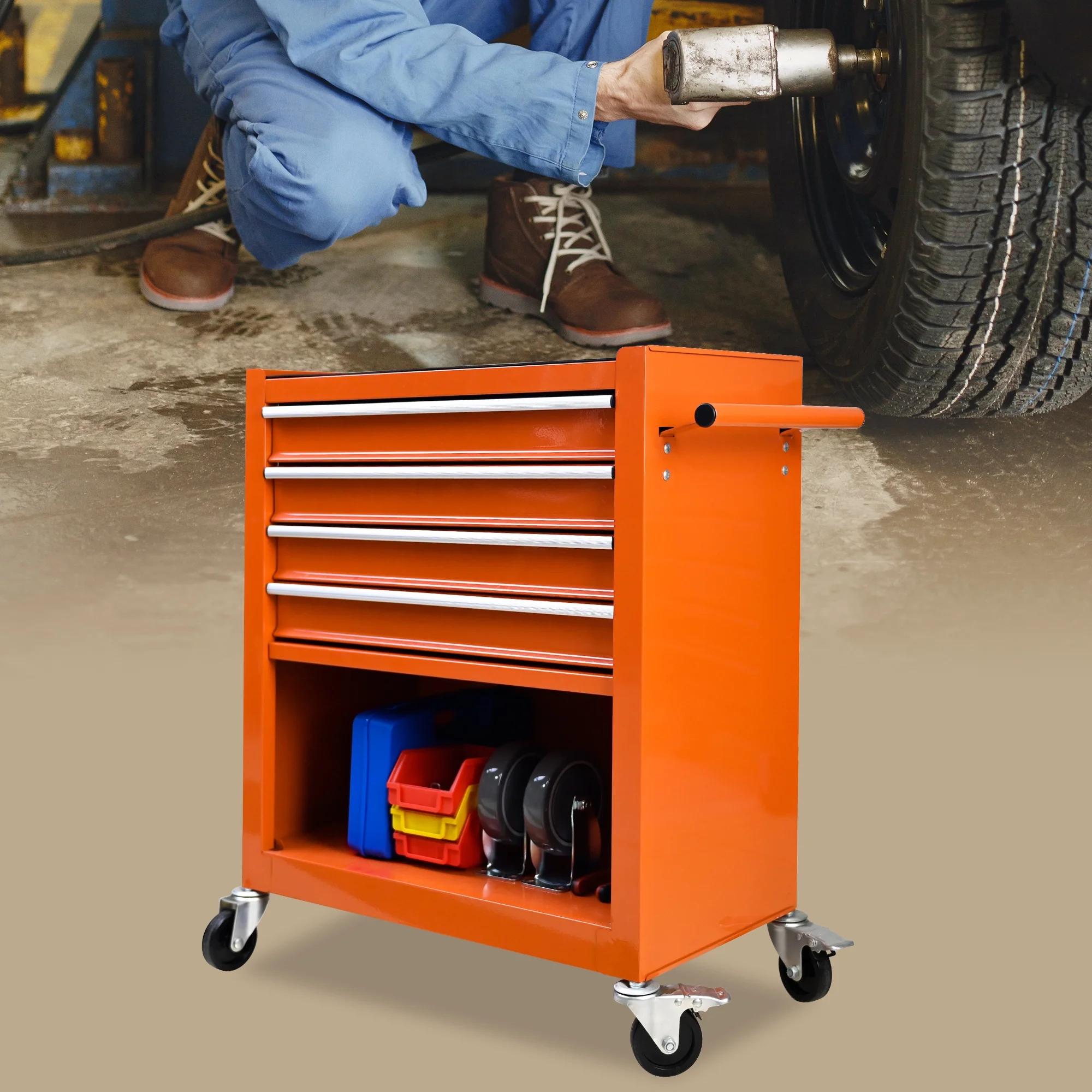 4 Drawers Multifunctional Tool Cart with Wheel Steel Tool Chest Storage Cabinet - Image 24